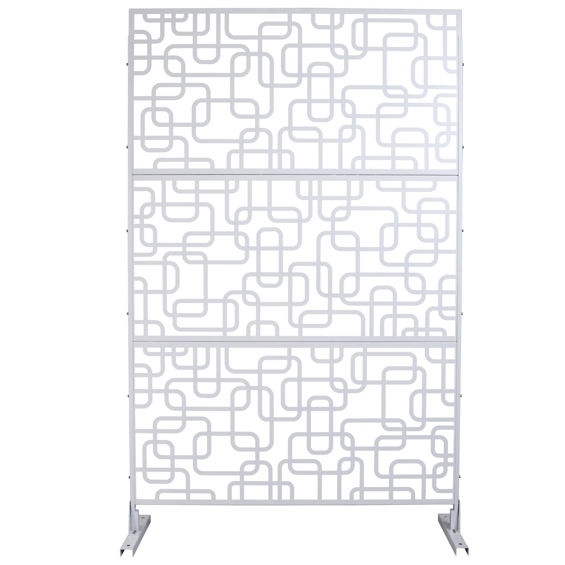 White threepanel room divider with a modern abstract geometric pattern metal construction