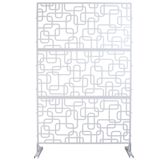 White threepanel room divider with a modern abstract geometric pattern metal construction