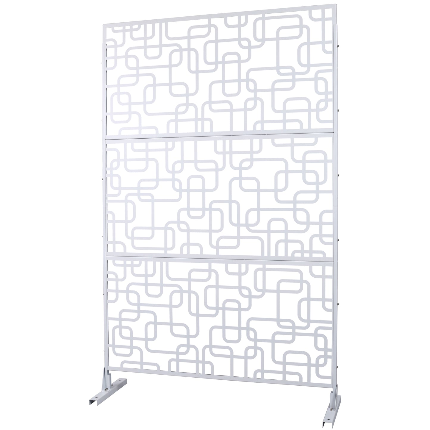 White modern room divider with abstract geometric cutouts metal frame