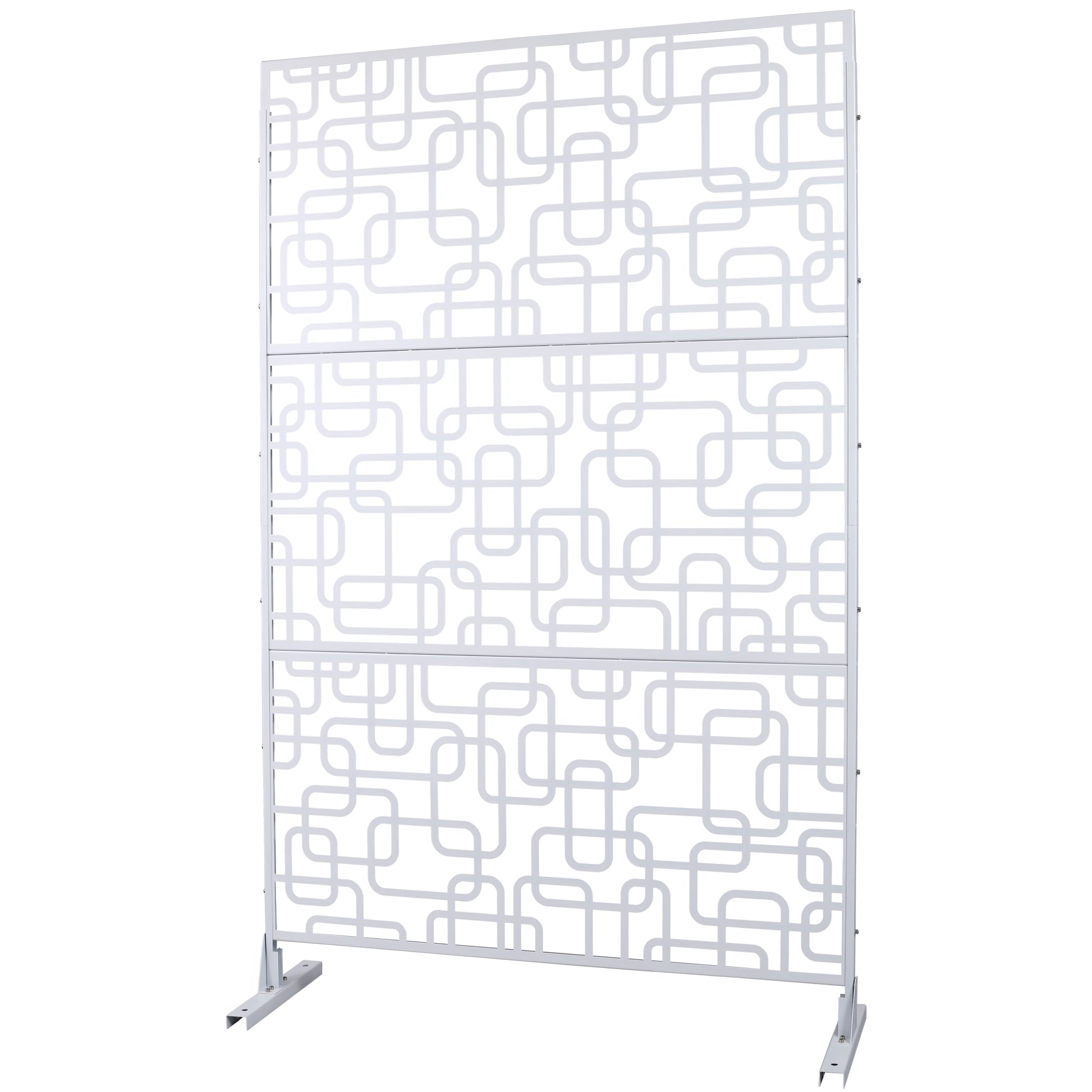 White modern room divider with abstract geometric cutouts metal frame