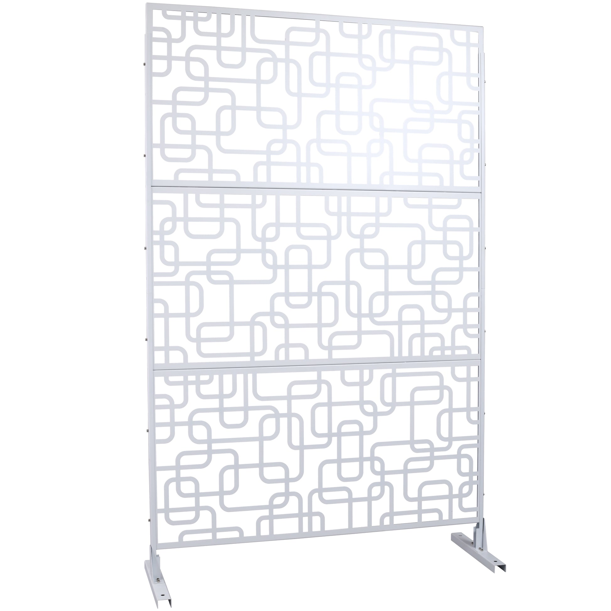 White metal room divider with a modern geometric pattern perfect for openconcept spaces