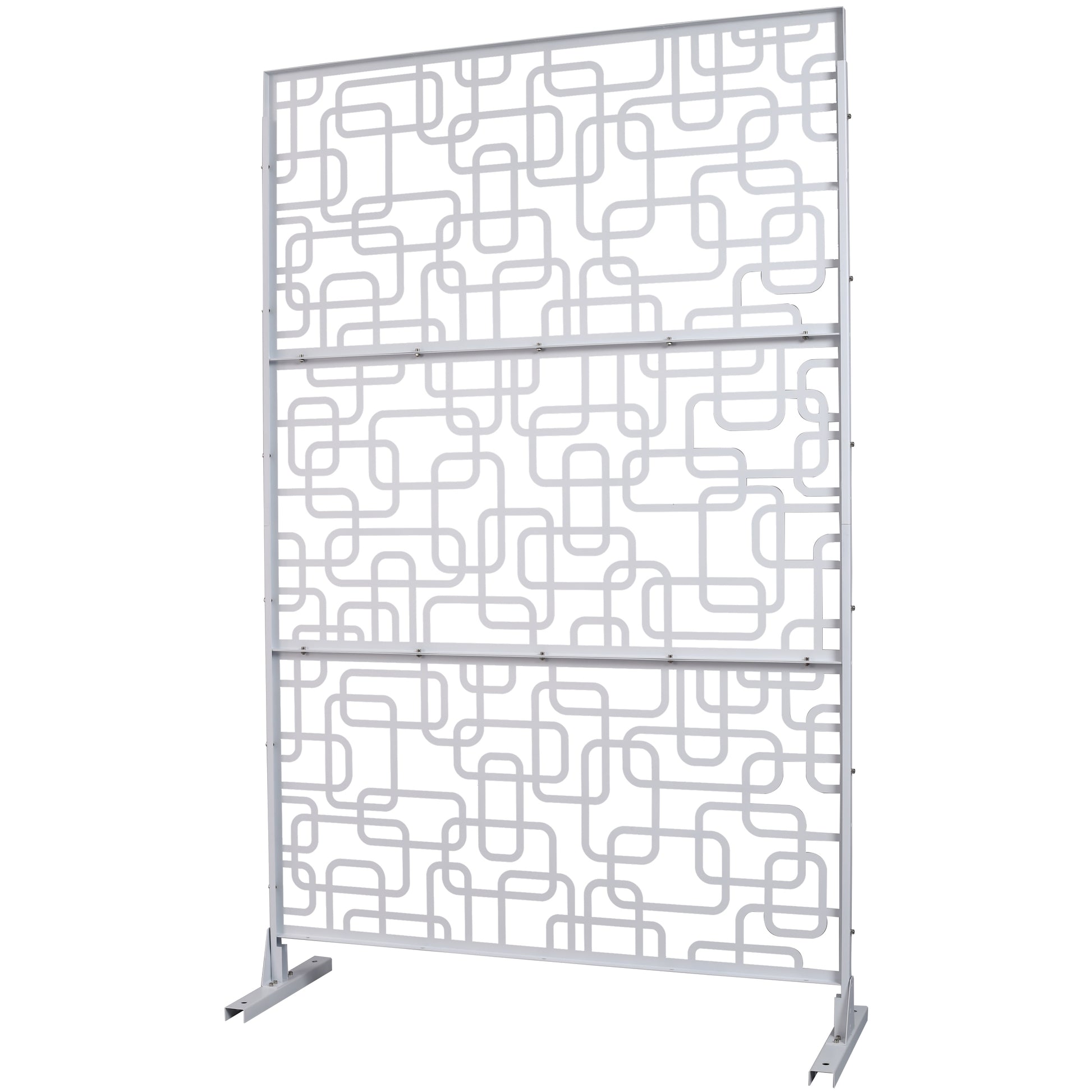 Modern white metal room divider with abstract geometric pattern for interior spaces