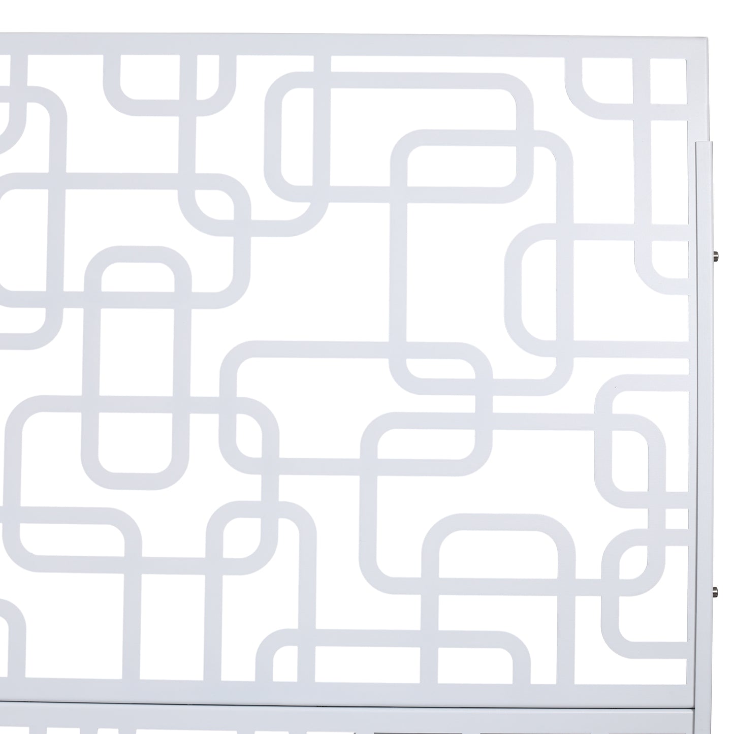 White decorative privacy screen with geometric openwork pattern