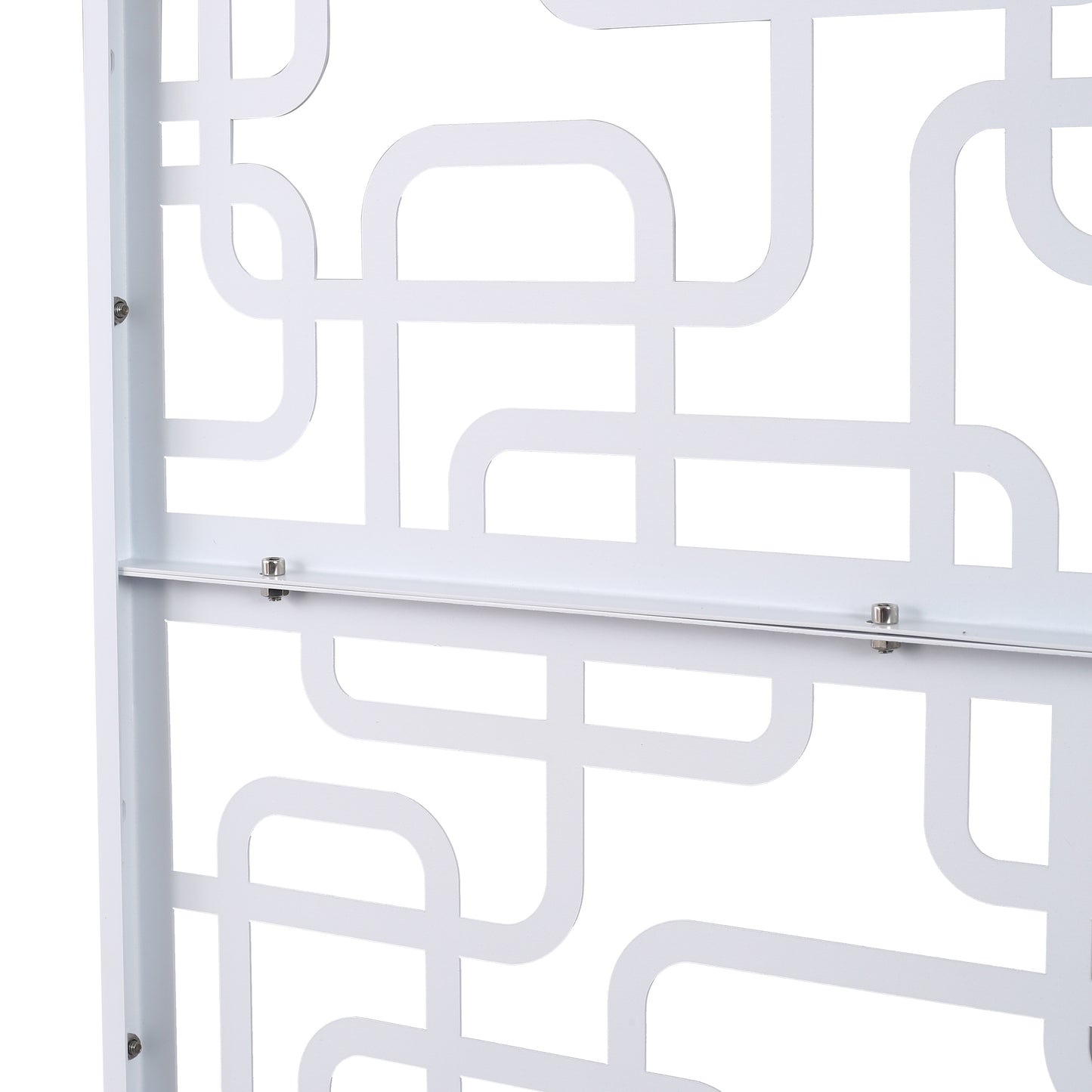 White decorative metal screen panel with a geometric cutout pattern