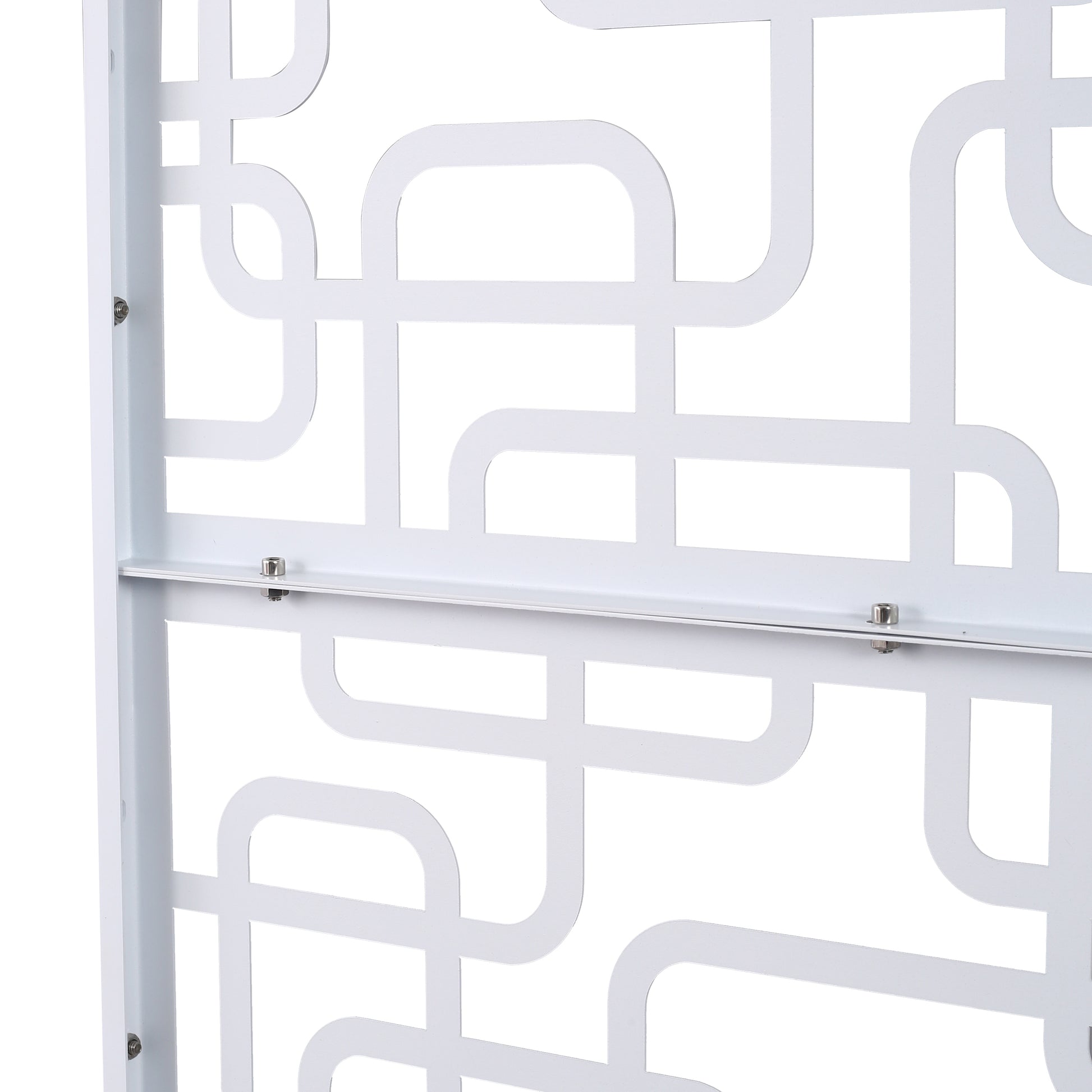 White decorative metal screen panel with a geometric cutout pattern