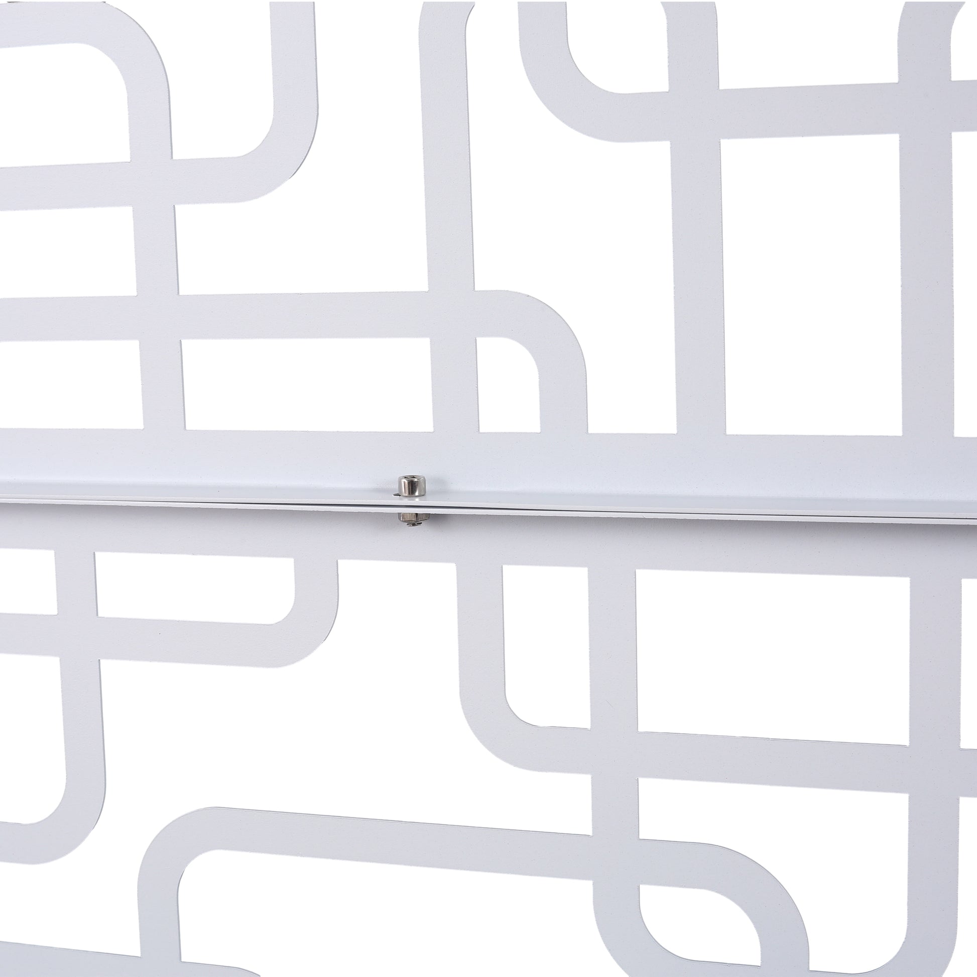 White metal geometric screen panel with rounded corner cutouts and a central securing rod