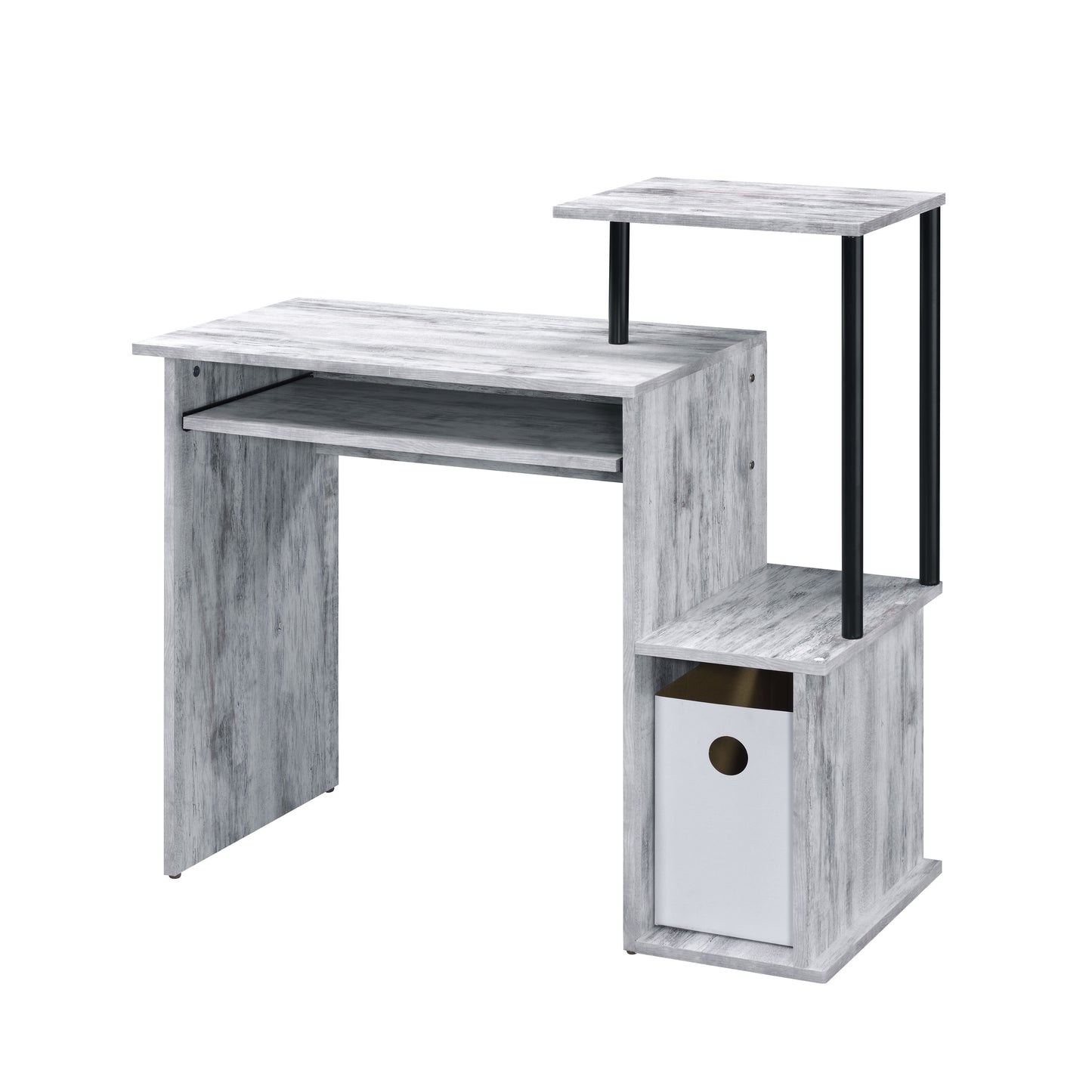 Rustic wood grain compact computer desk with keyboard tray and tiered shelving