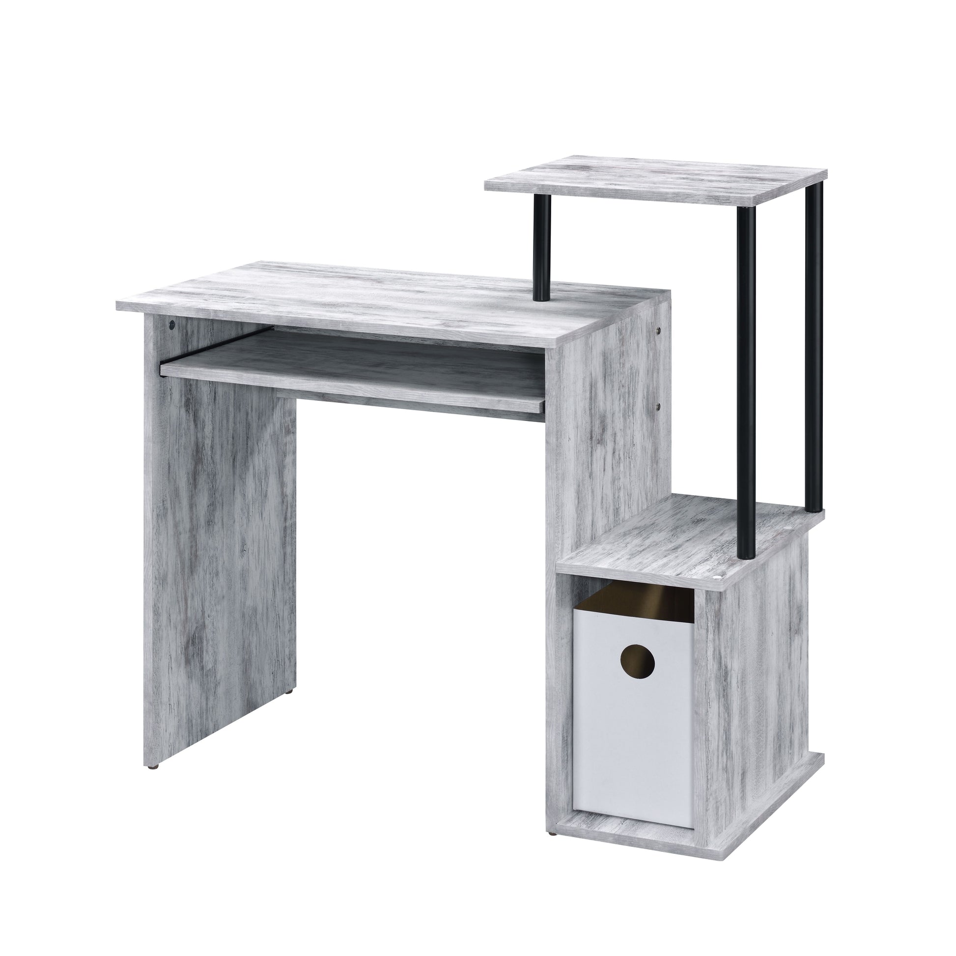 Rustic wood grain compact computer desk with keyboard tray and tiered shelving