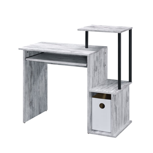 Rustic wood grain compact computer desk with keyboard tray and tiered shelving