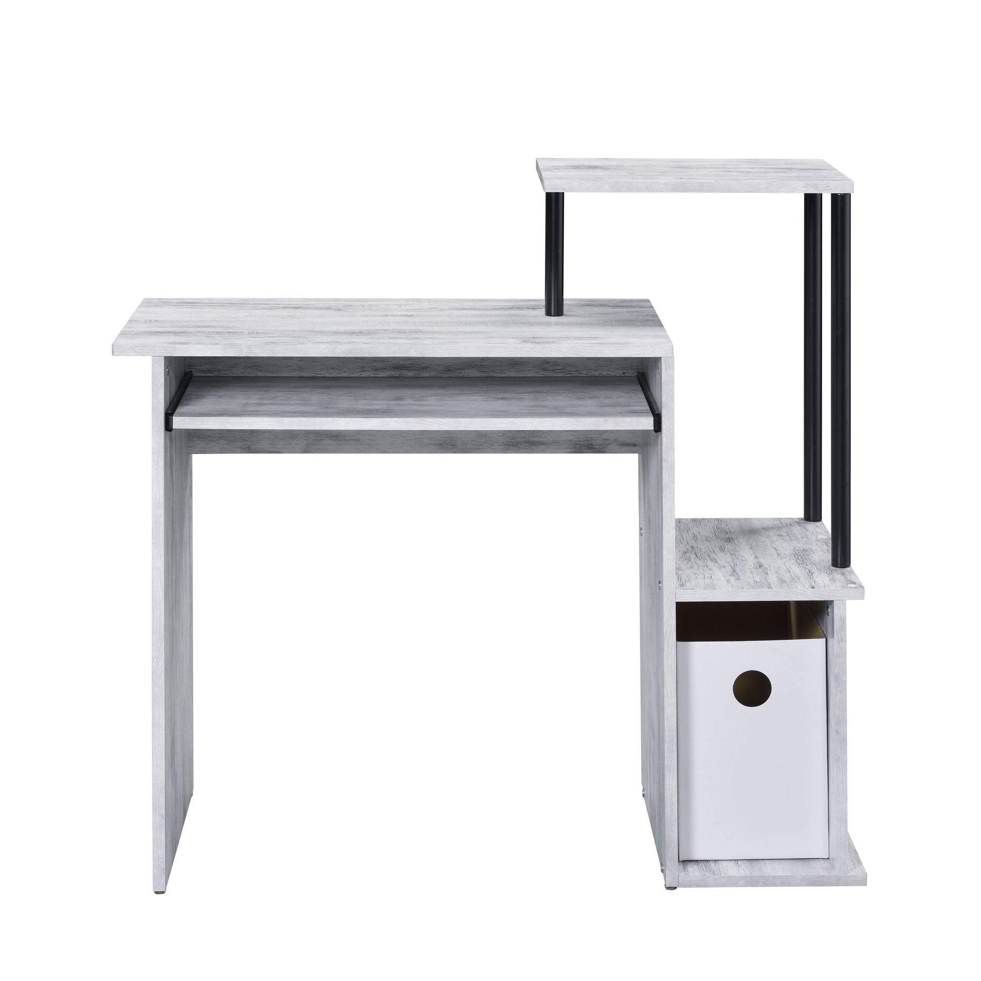 Modern white wash wood computer desk with pullout keyboard tray and shelving