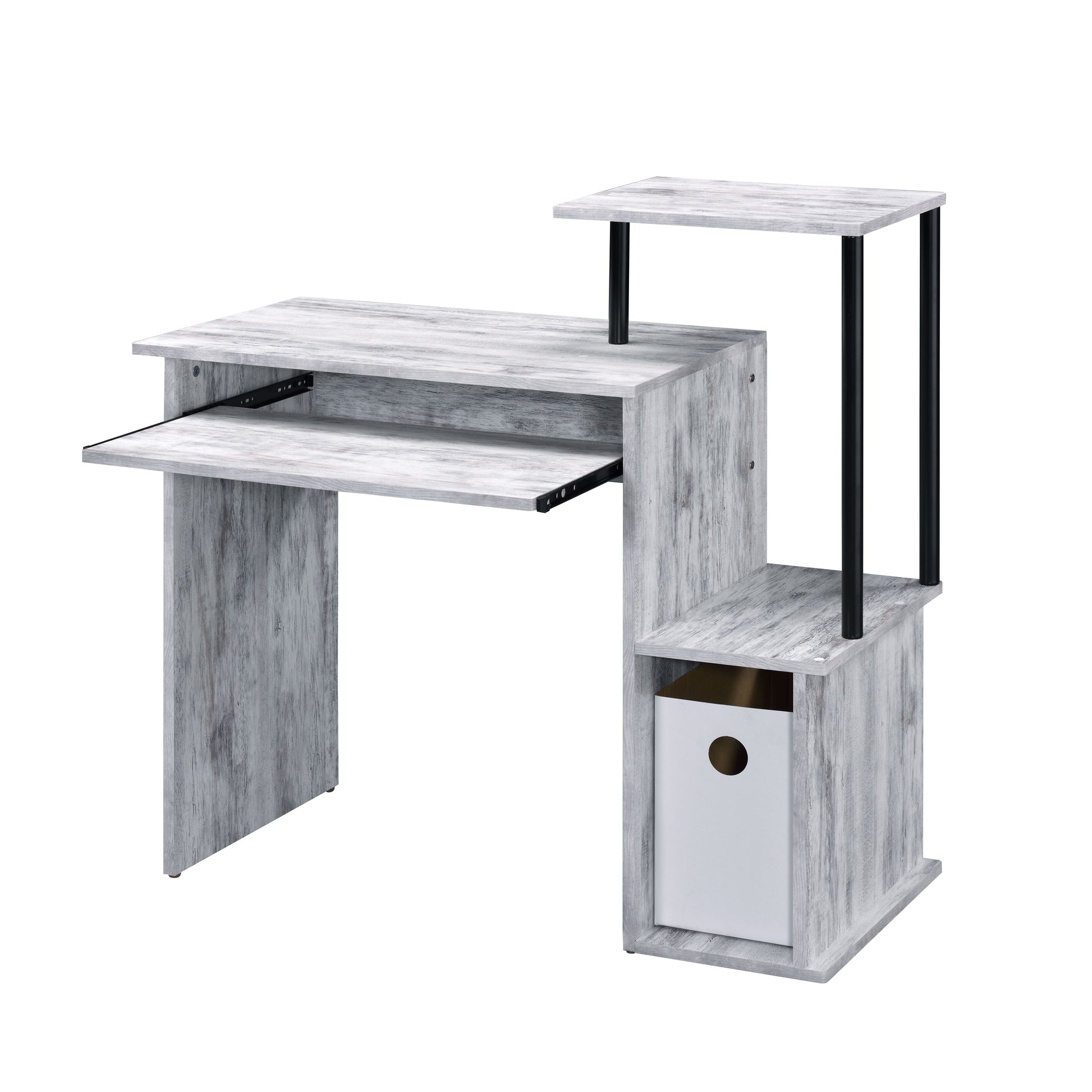 Rustic grey wood computer desk with pullout keyboard tray and tiered shelving for home office