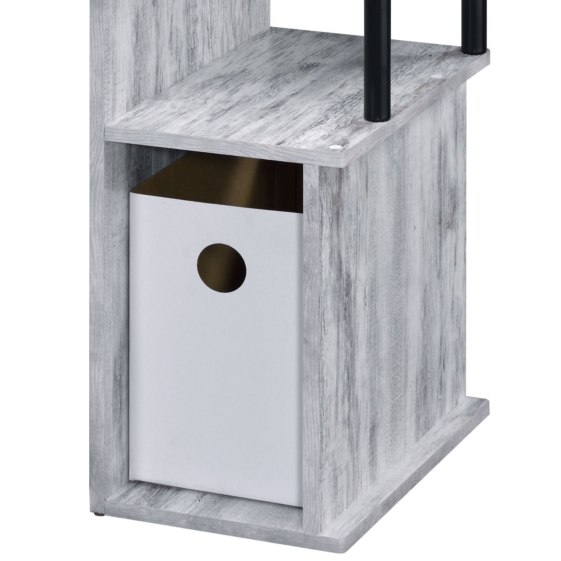 Rustic gray wood bookshelf with a white storage cube and circular cutout