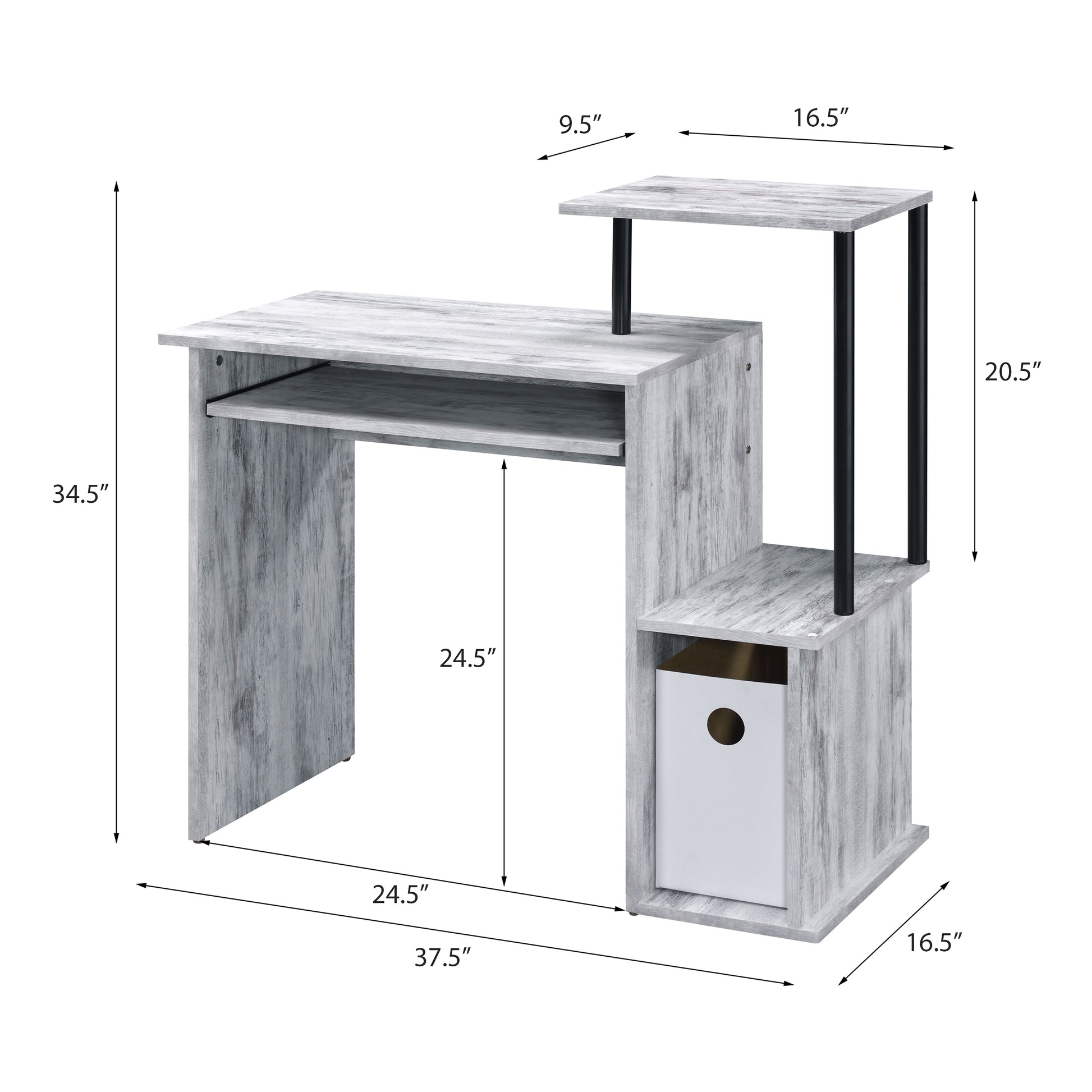Distressed grey wood computer desk with tiered shelving and pullout keyboard tray