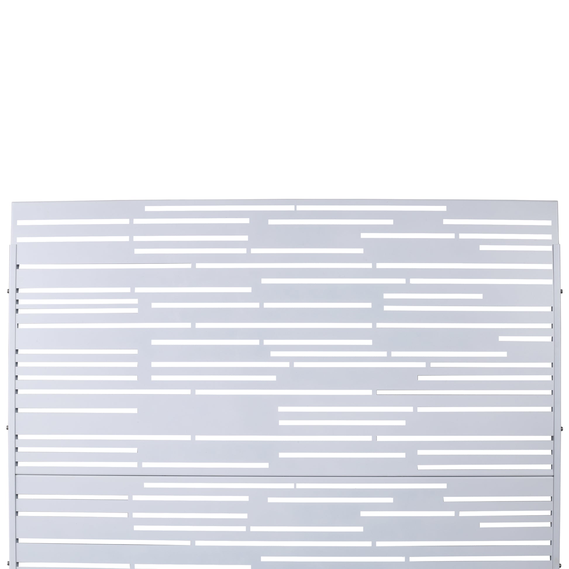 Modern white metal privacy screen with horizontal cutouts for garden patios