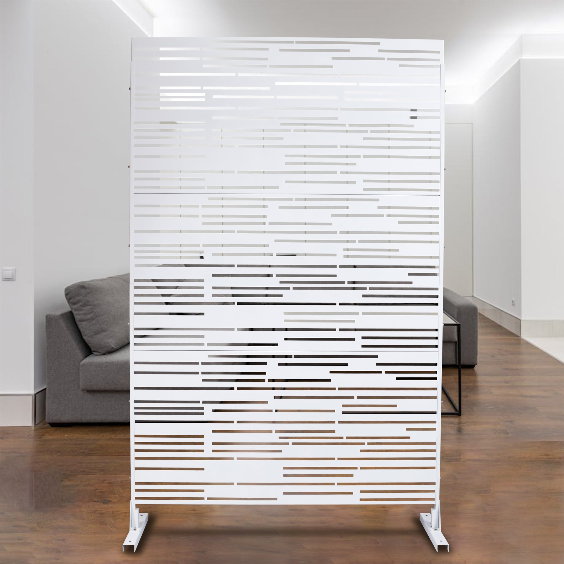 Modern white room divider screen with horizontal cutout pattern ideal for living spaces