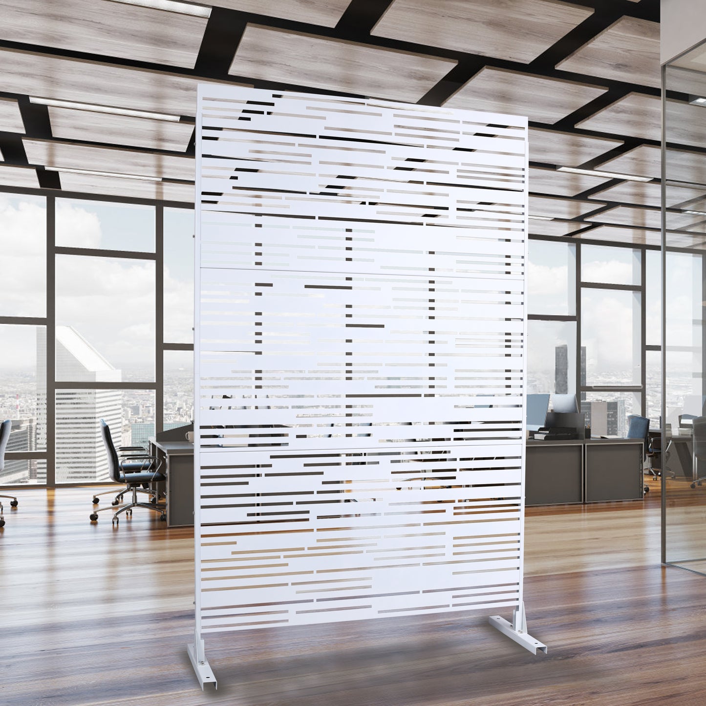 Modern white lasercut room divider screen with abstract horizontal lines pattern