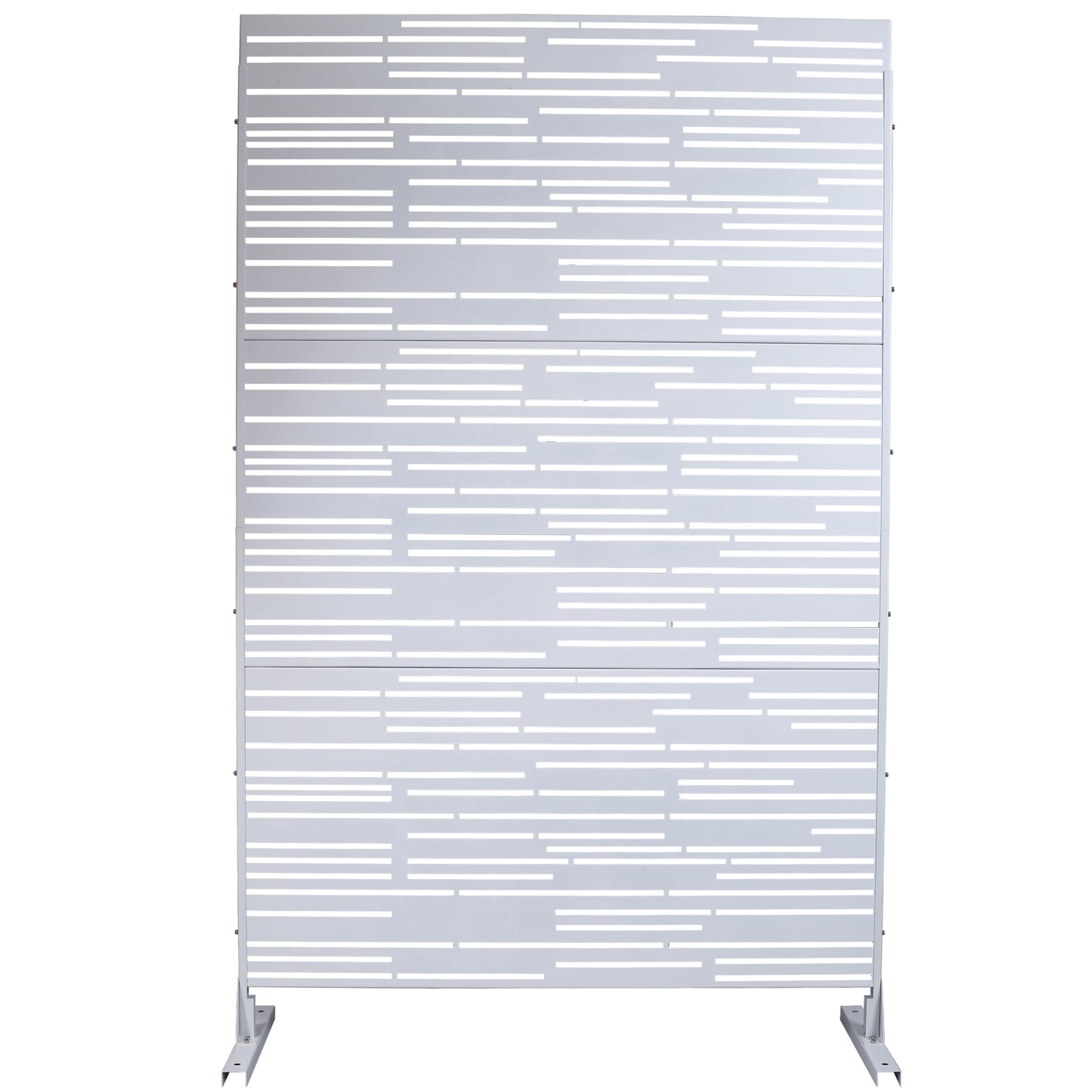 Modern grey metal garden screen with abstract horizontal cutouts for privacy