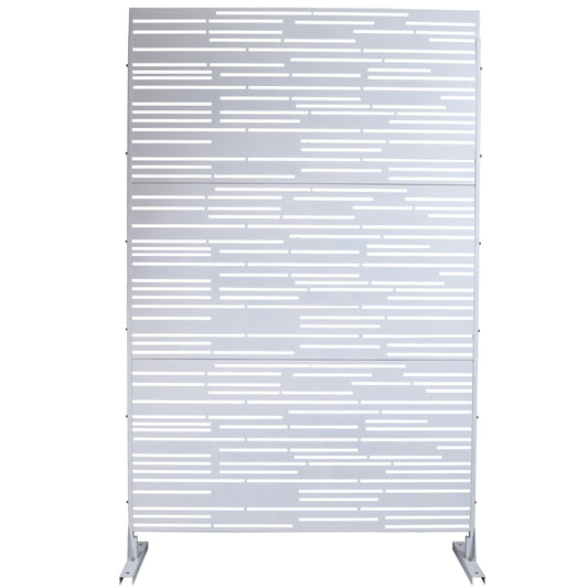 Modern grey metal garden screen with abstract horizontal cutouts for privacy
