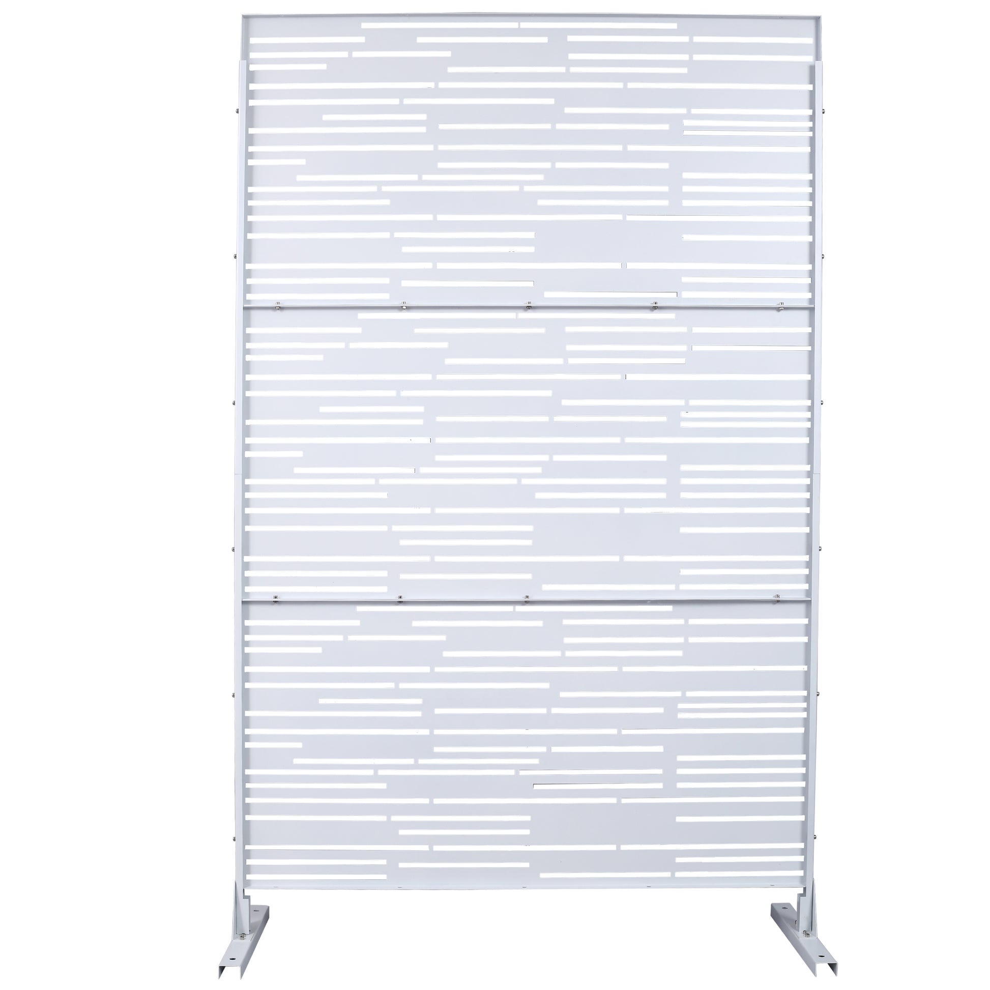 Modern white metal privacy screen with linear cutouts inch height