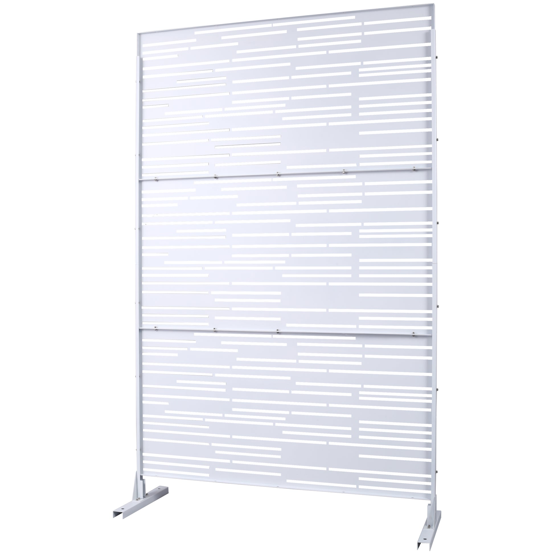 Modern white metal privacy screen with abstract horizontal cutout design