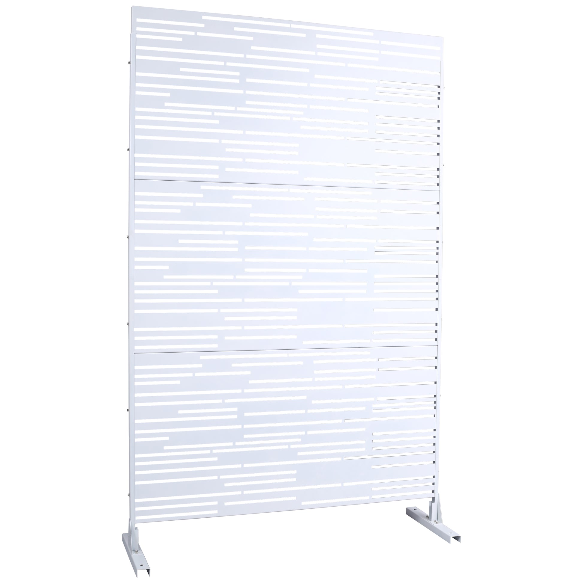 Modern white metal room divider with horizontal stripe cutouts perfect for home or office