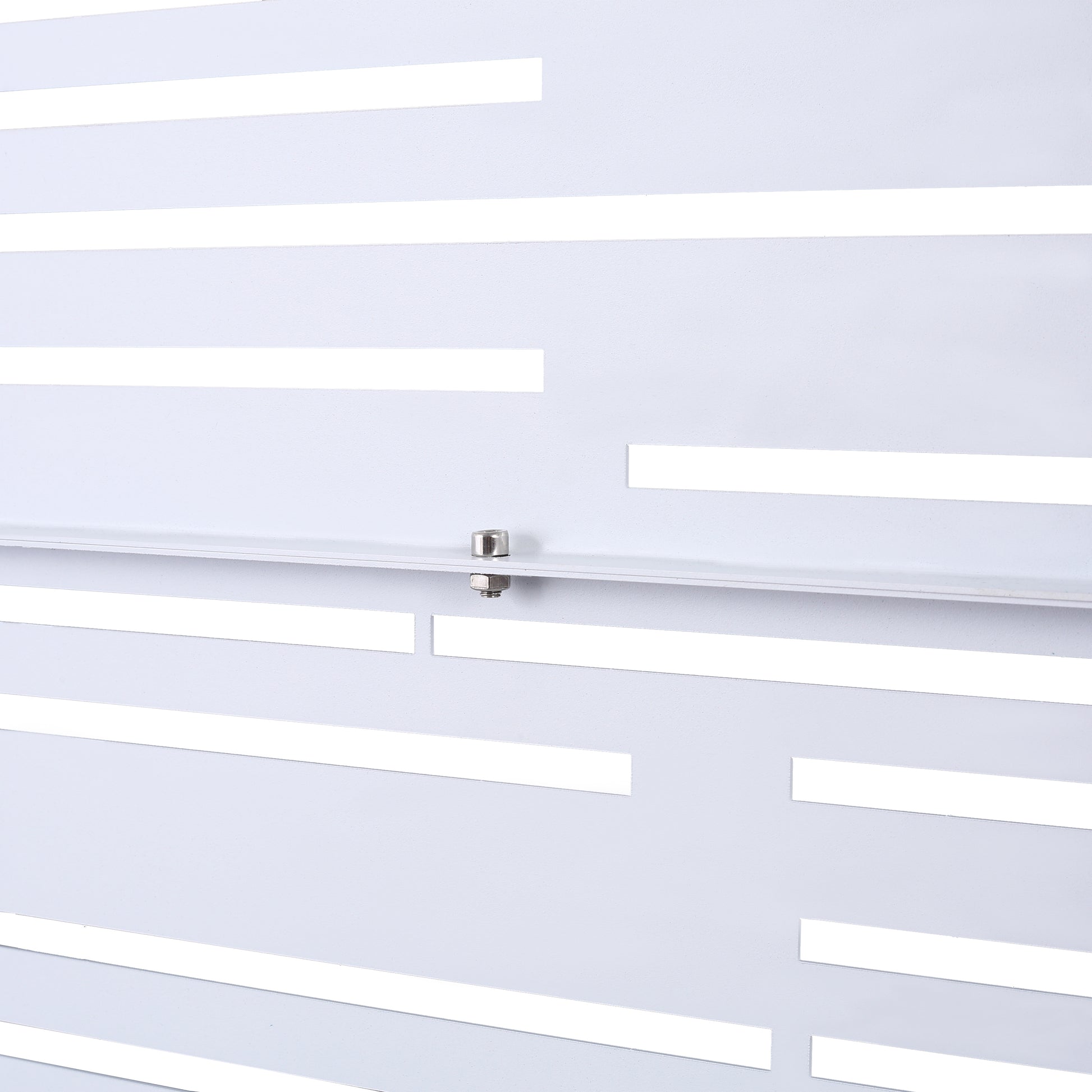 White metal garden screen with horizontal cutouts and silver bolt detail