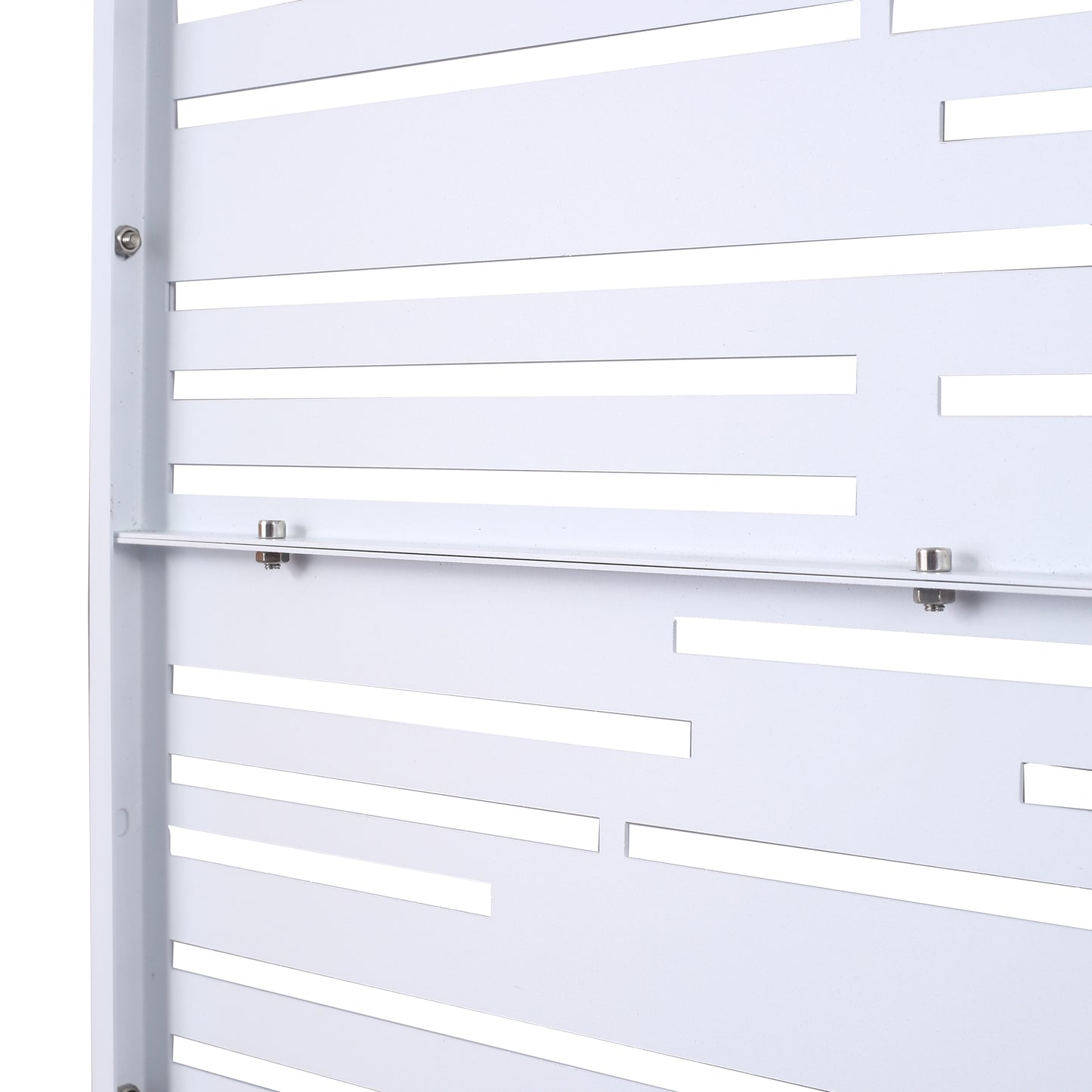 Closeup of a white modern outdoor privacy screen panel with horizontal slats