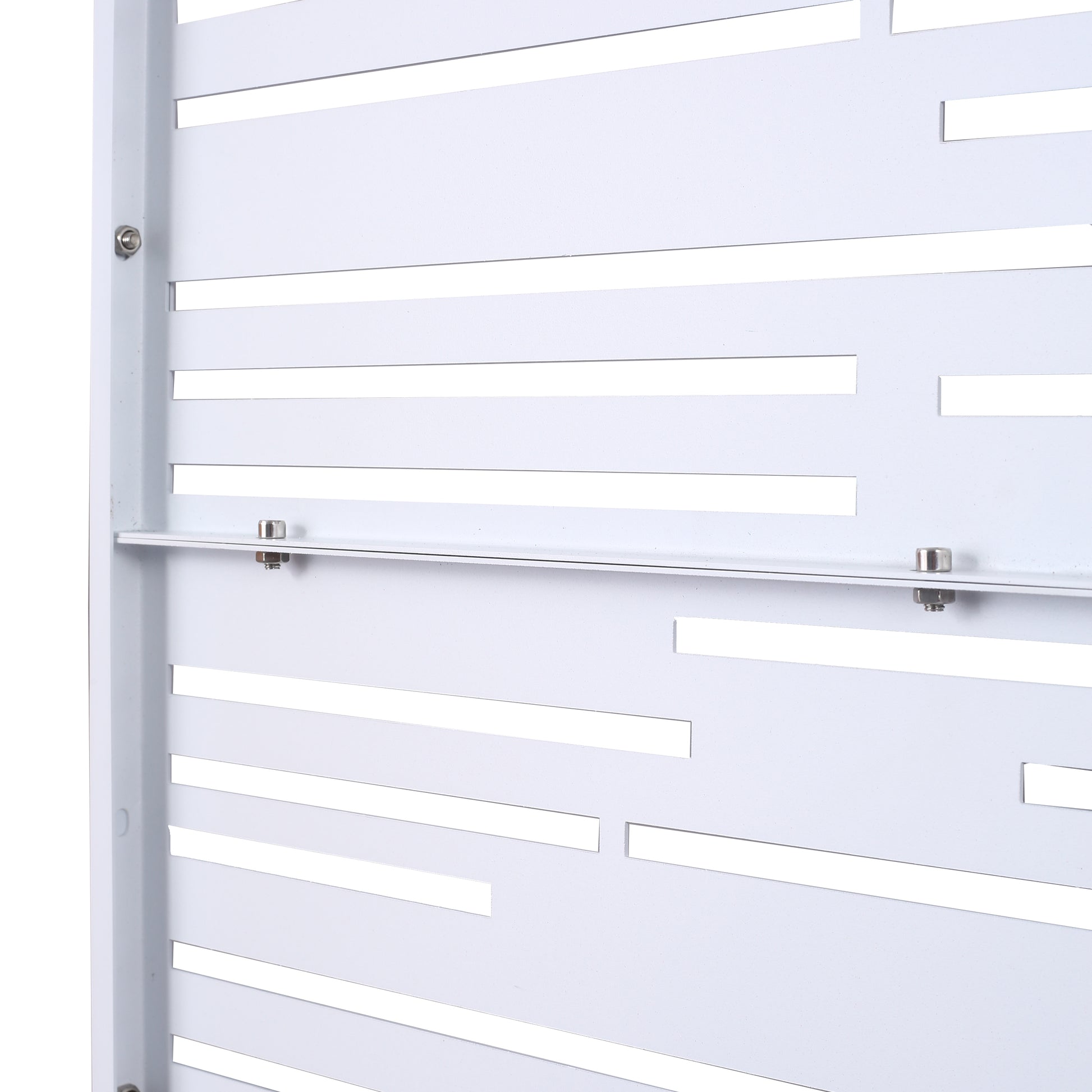 Closeup of a white modern outdoor privacy screen panel with horizontal slats