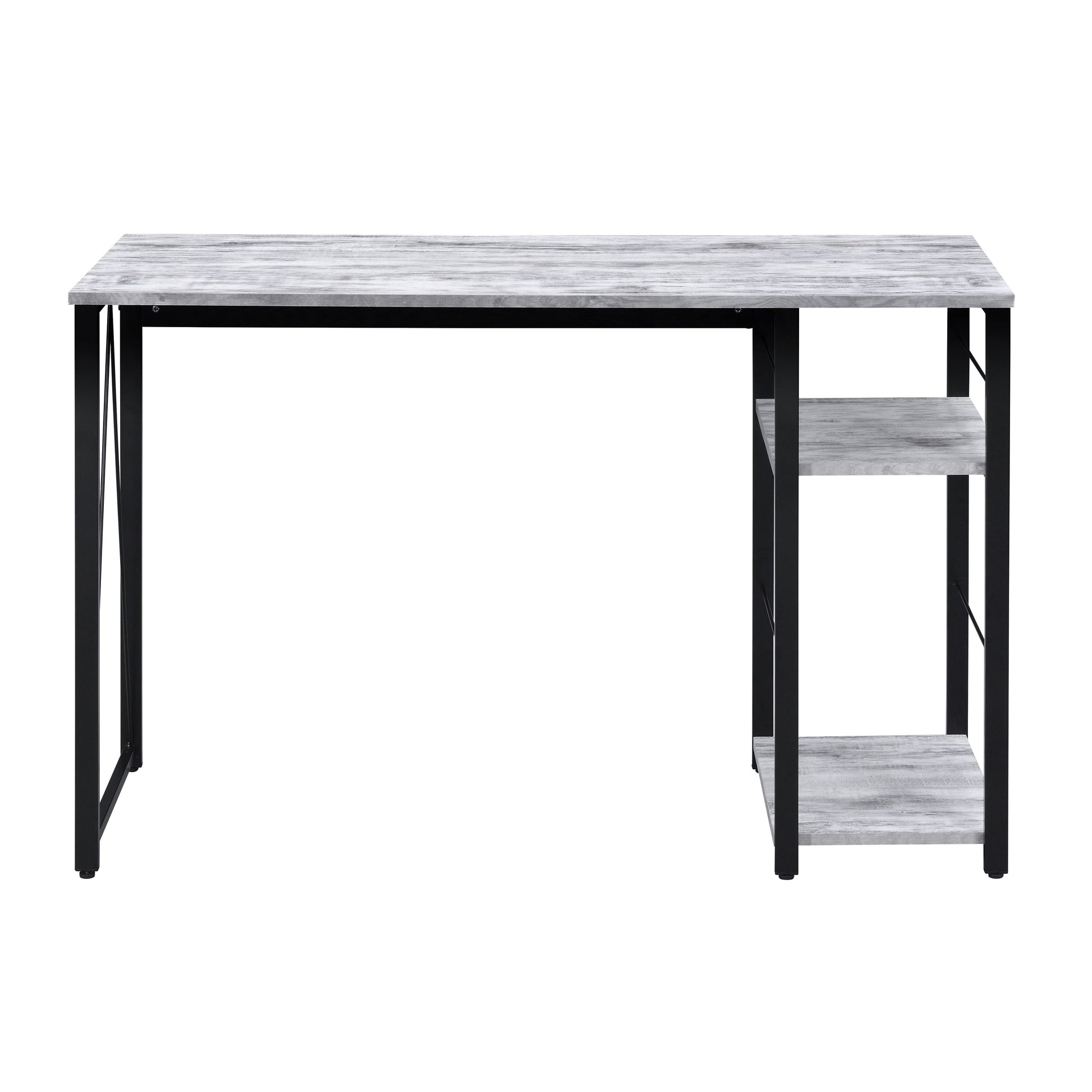 Rustic grey wood and black metal desk with two shelves for home office