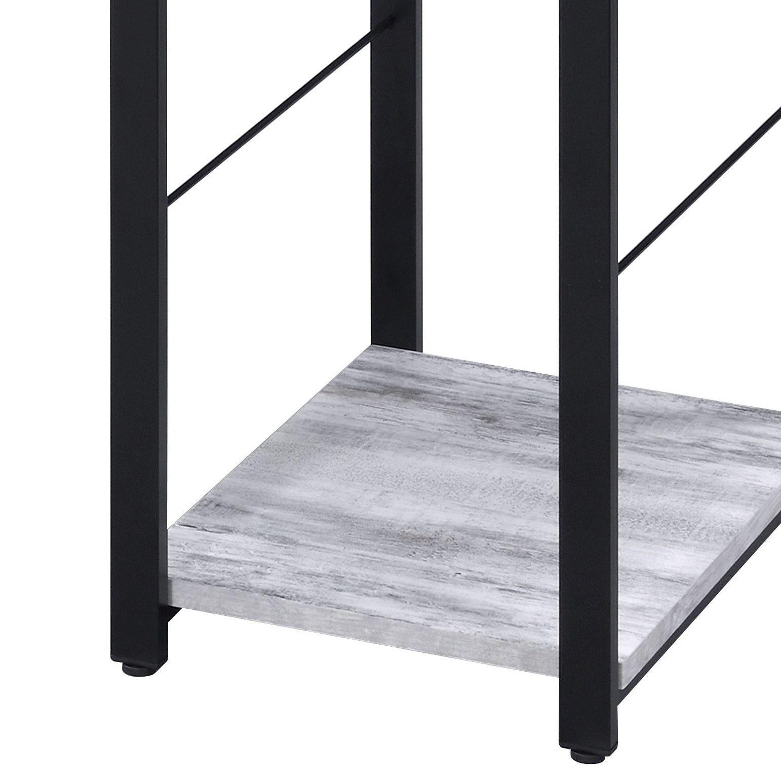 Distressed wood shelf with black metal frame part of a modern industrial shelving unit