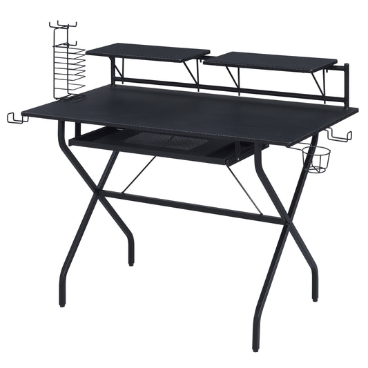 Black gaming desk with dual monitor shelves keyboard tray and headset hooks