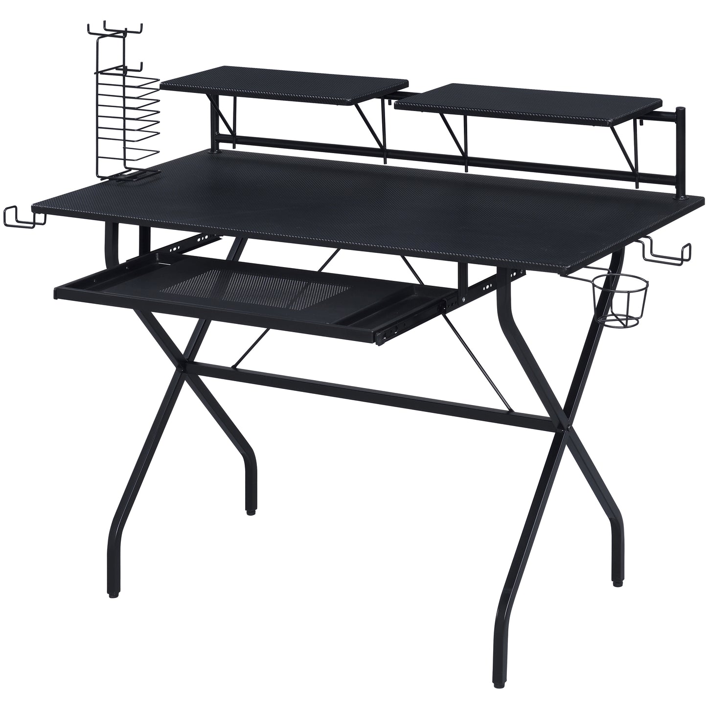 Black gaming desk with dual monitor shelves and pullout keyboard tray