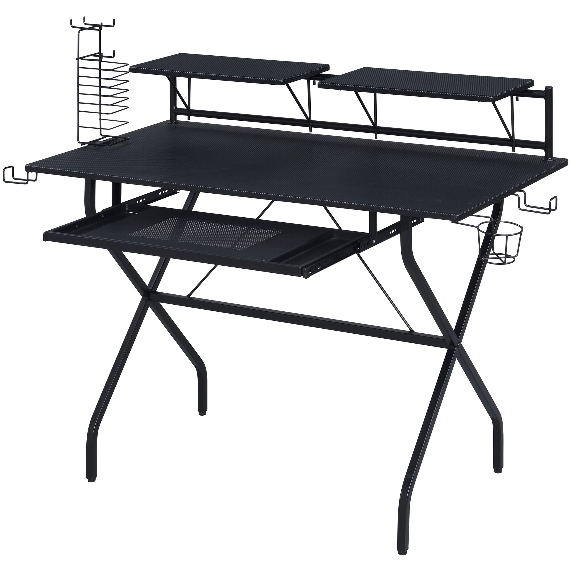 Black gaming desk with dual monitor shelves and pullout keyboard tray