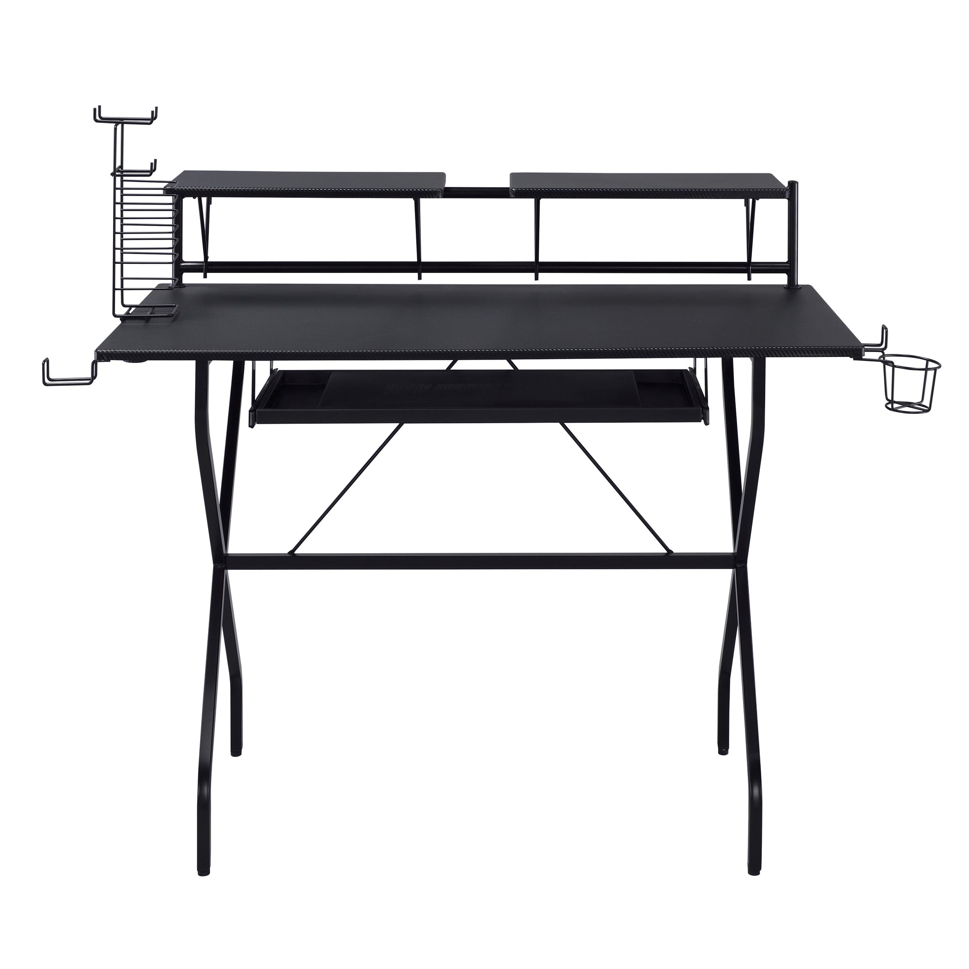 Black metal gaming desk with headphone hooks and cup holder