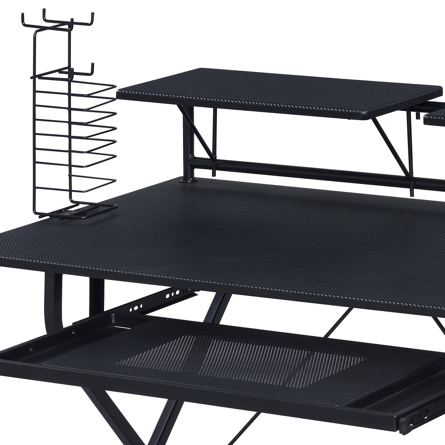Black gaming desk with textured surface and headphone rack accessory