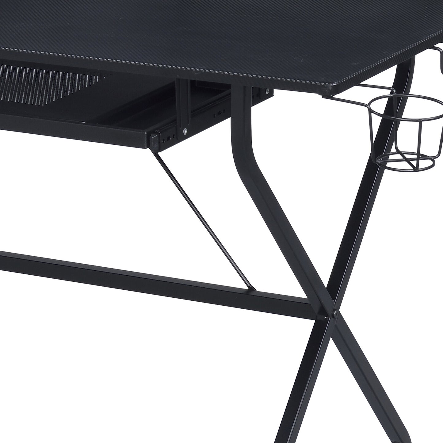 Black gaming desk with textured surface pullout keyboard tray and cup holder