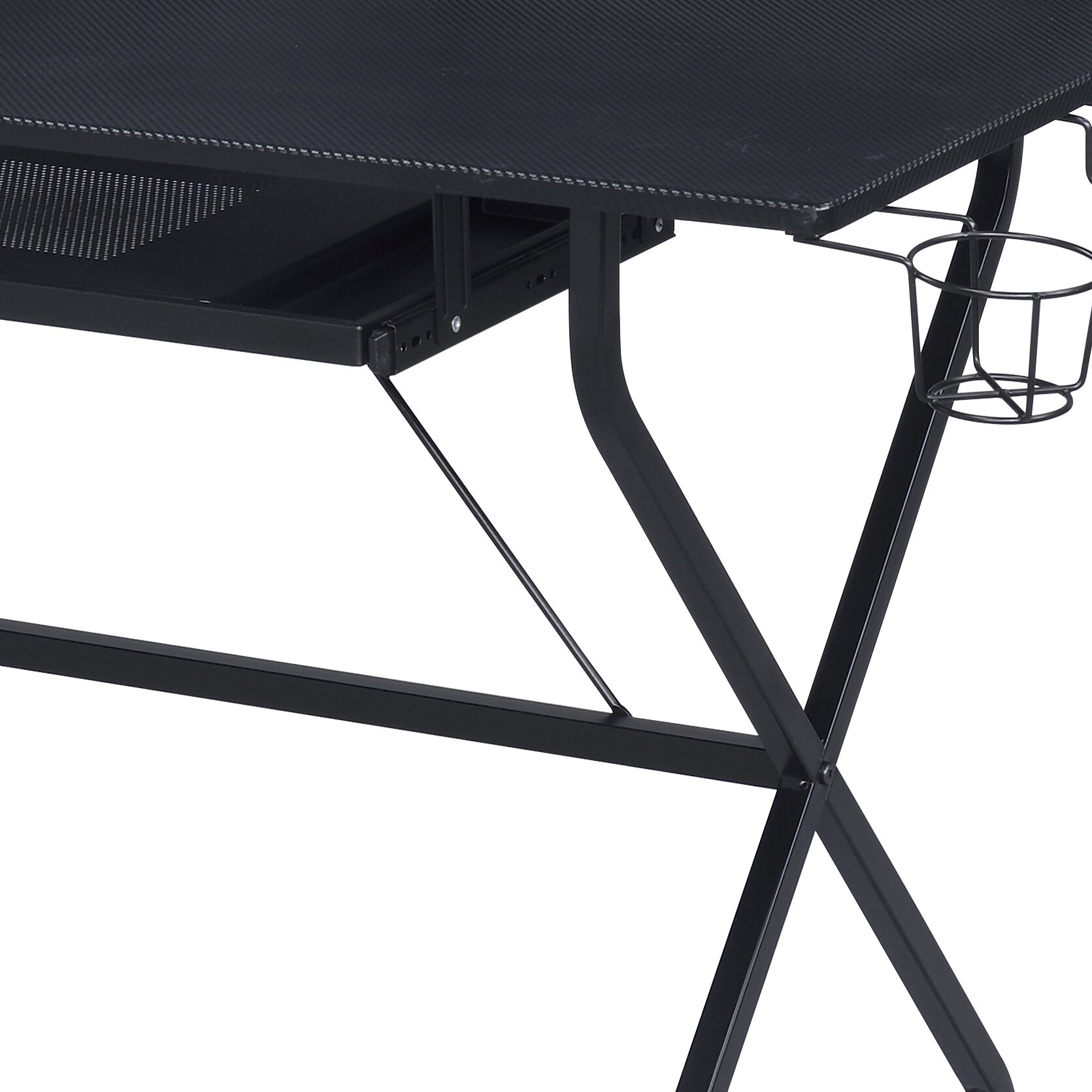 Black gaming desk with textured surface pullout keyboard tray and cup holder