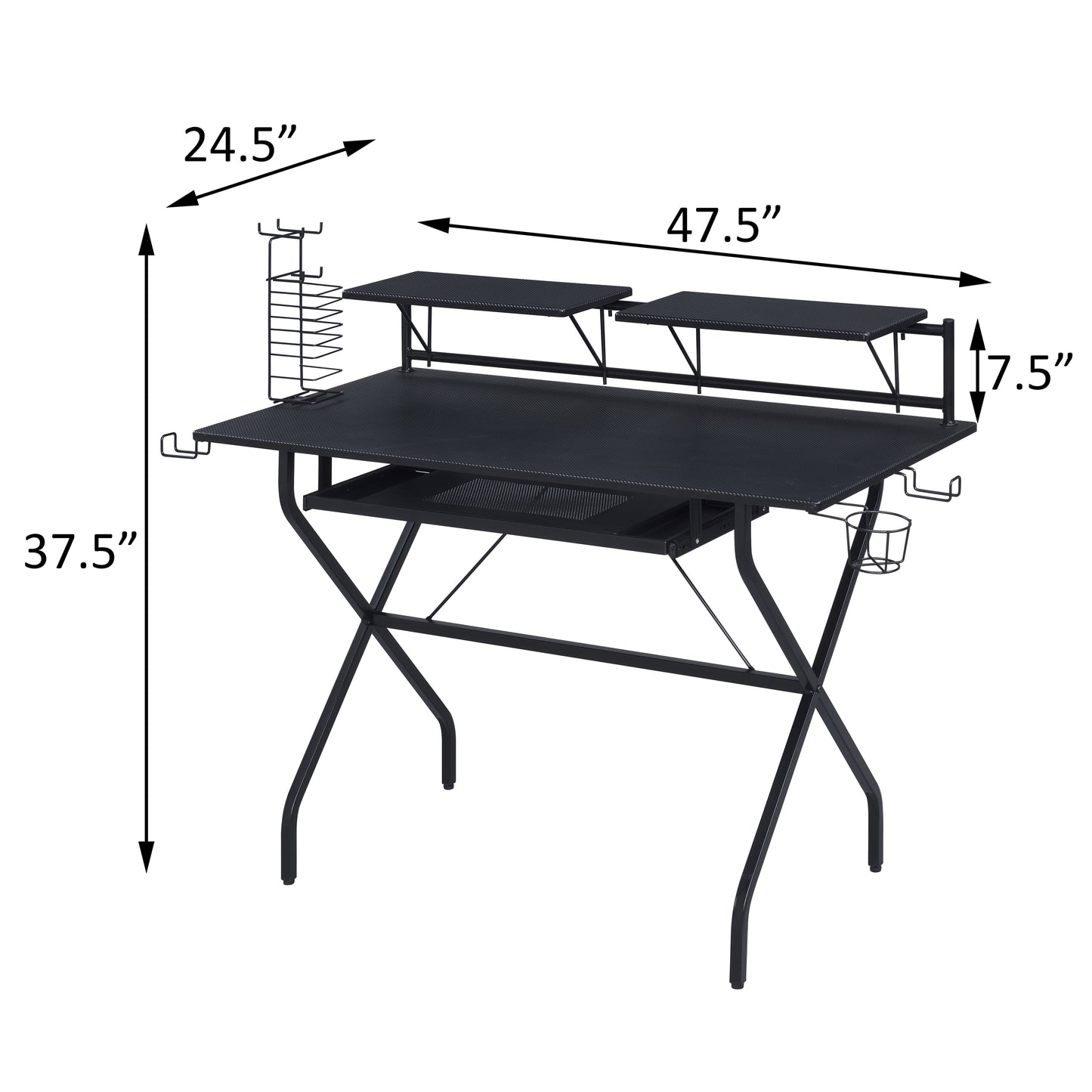 Black gaming desk with headphone hook and cup holder on right