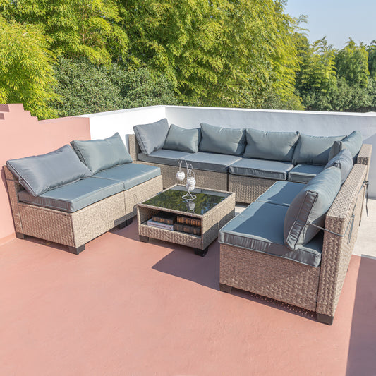 Wicker outdoor sectional sofa with grey cushions perfect for patio seating