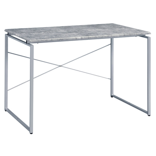 Modern writing desk with a grey faux marble top and a silver metal frame