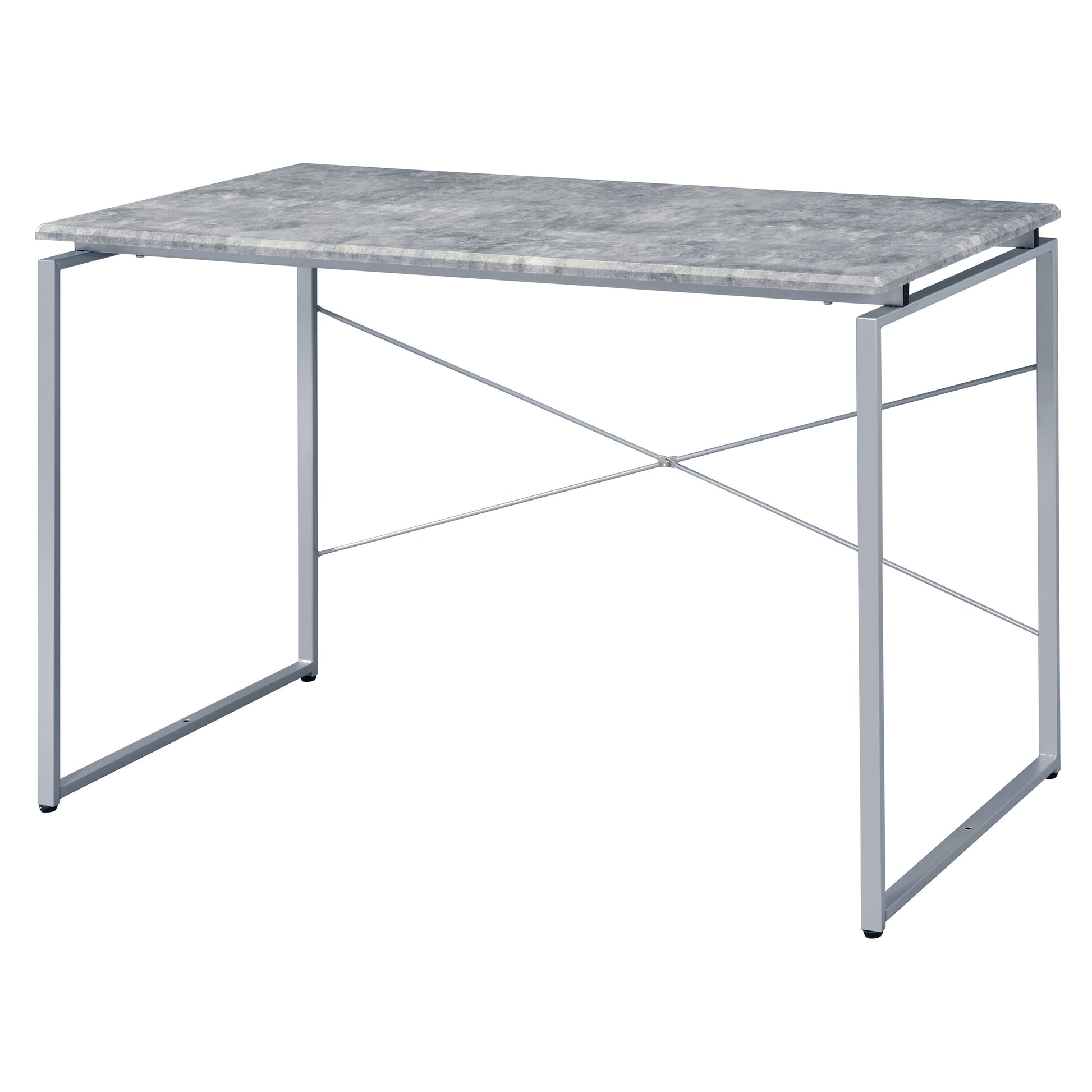 Modern grey faux marble desk with silver metal frame and cross bracing for stability