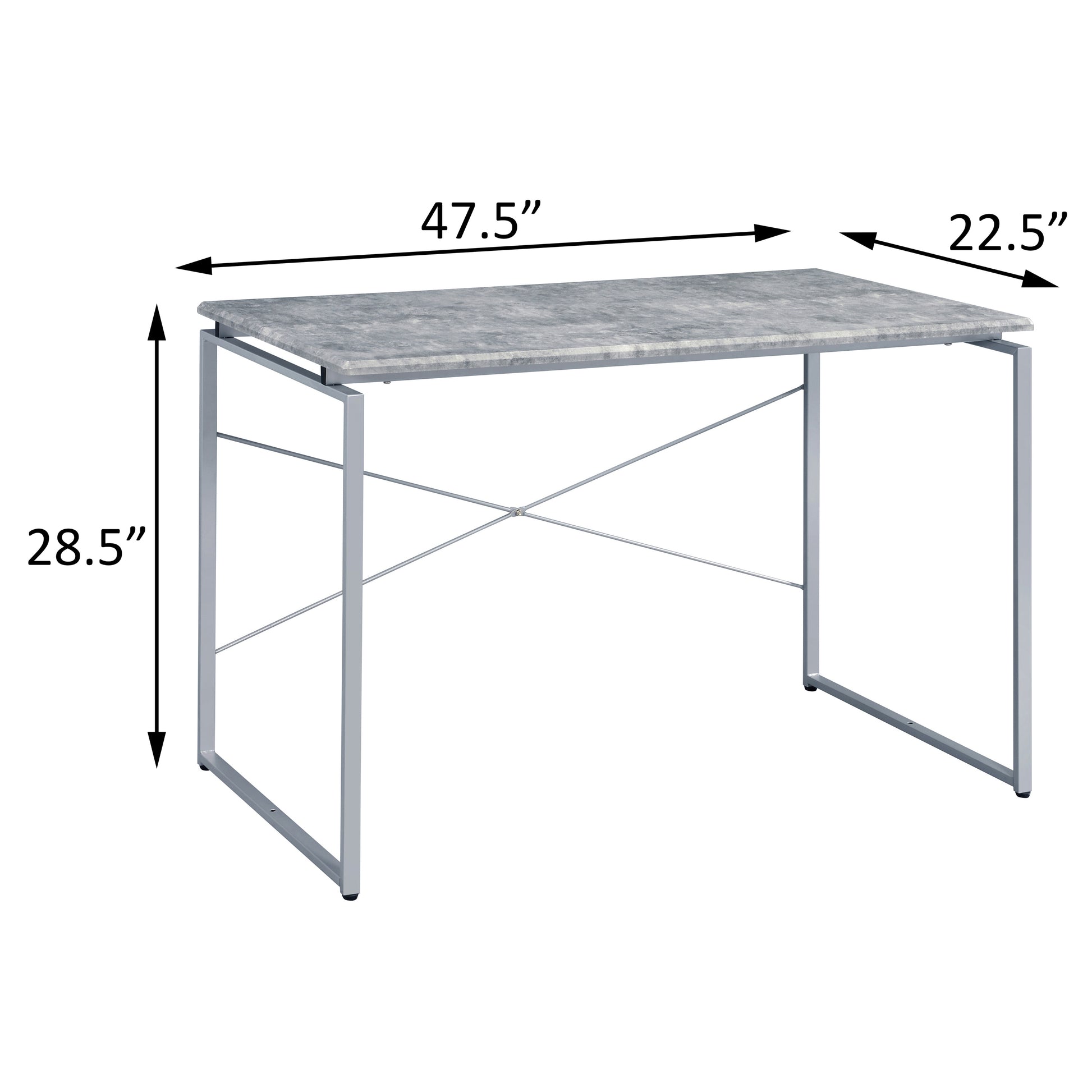 Modern gray faux marble desk with silver metal frame and crisscross support