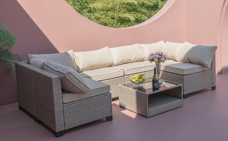 Sectional wicker outdoor sofa with beige cushions perfect for patio relaxation