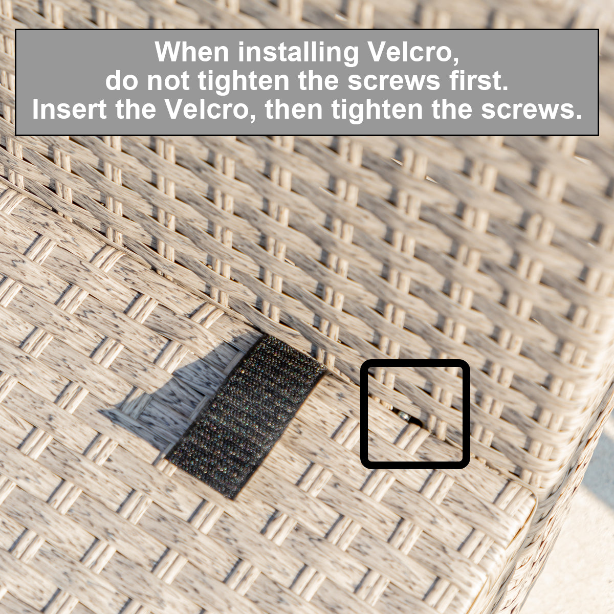 Black hook and loop fastener strip on a wicker surface