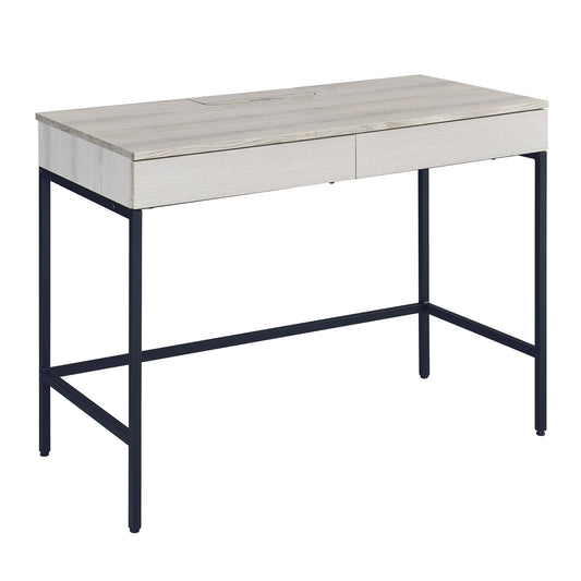 Modern writing desk with light wood grain top and black metal legs  characters