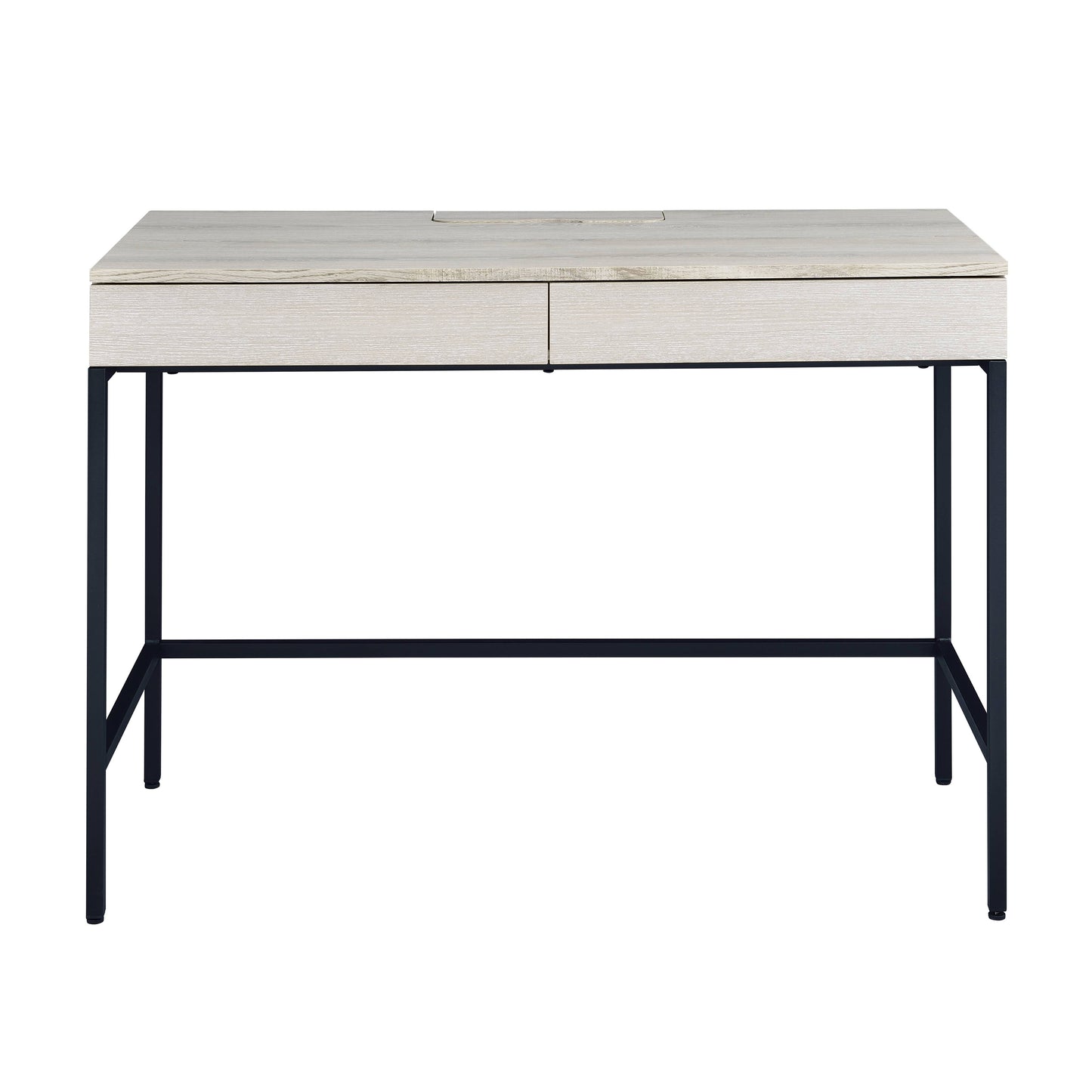 Modern light oak writing desk with two drawers and black metal legs