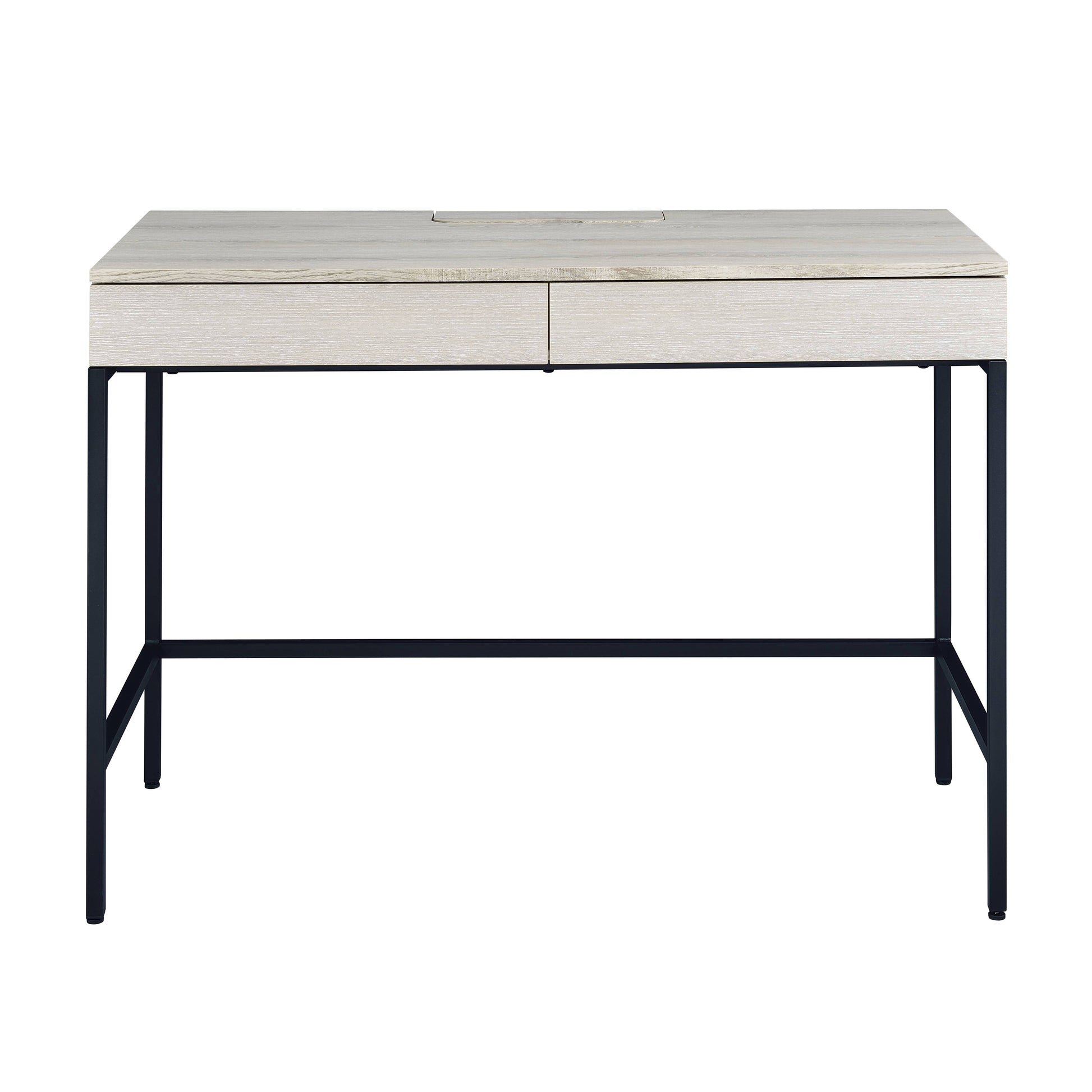 Modern light oak writing desk with two drawers and black metal legs