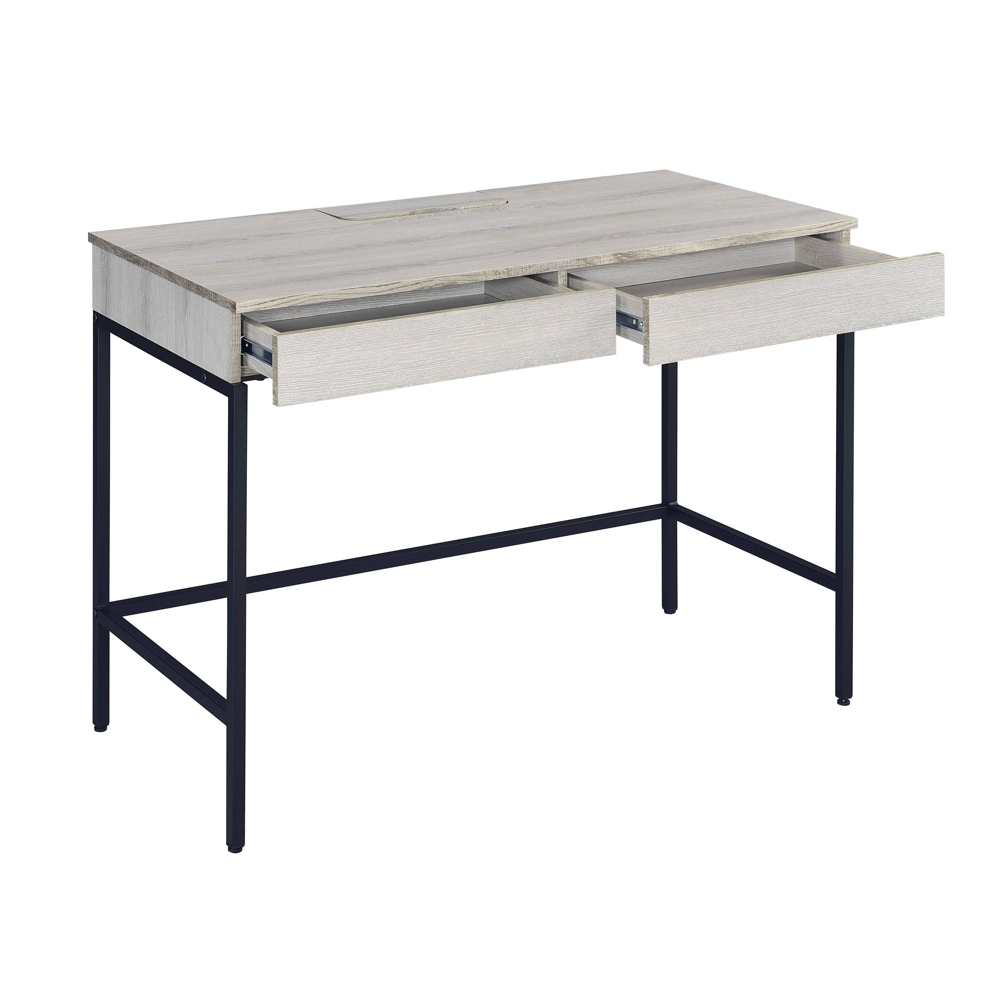 Modern grey wood desk with open drawers and dark metal legs ideal for home office
