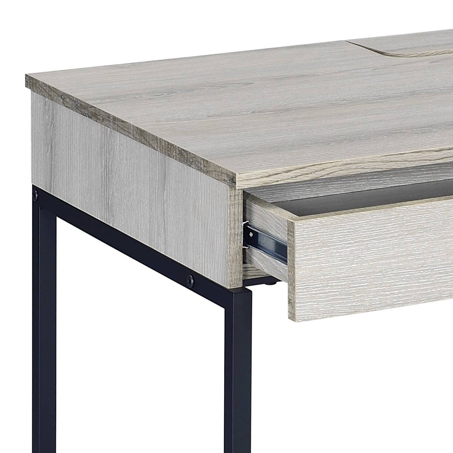 Rustic grey wood grain desk with a black metal frame one drawer open