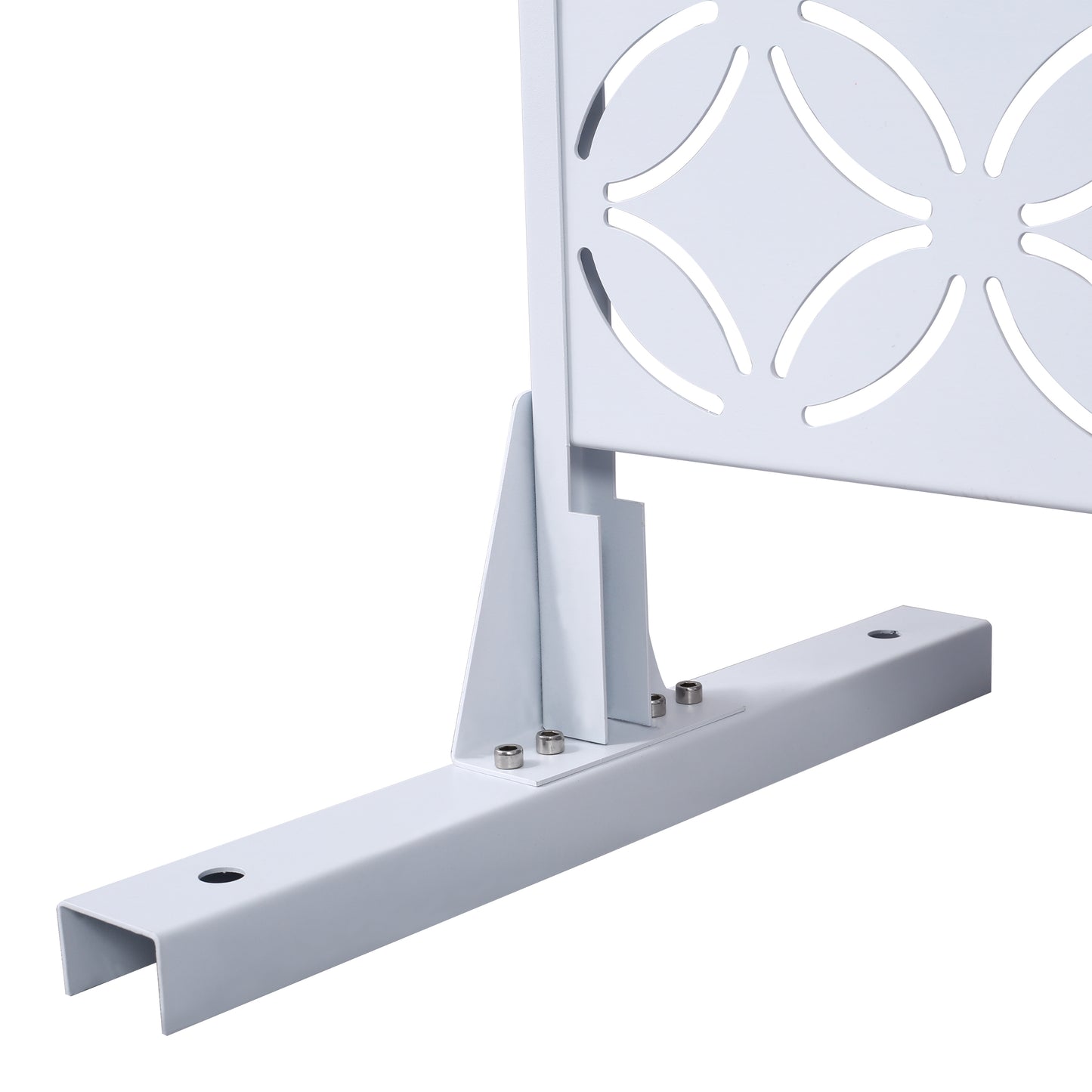 White metal privacy screen support bracket with ornamental cutouts and secure bolted base